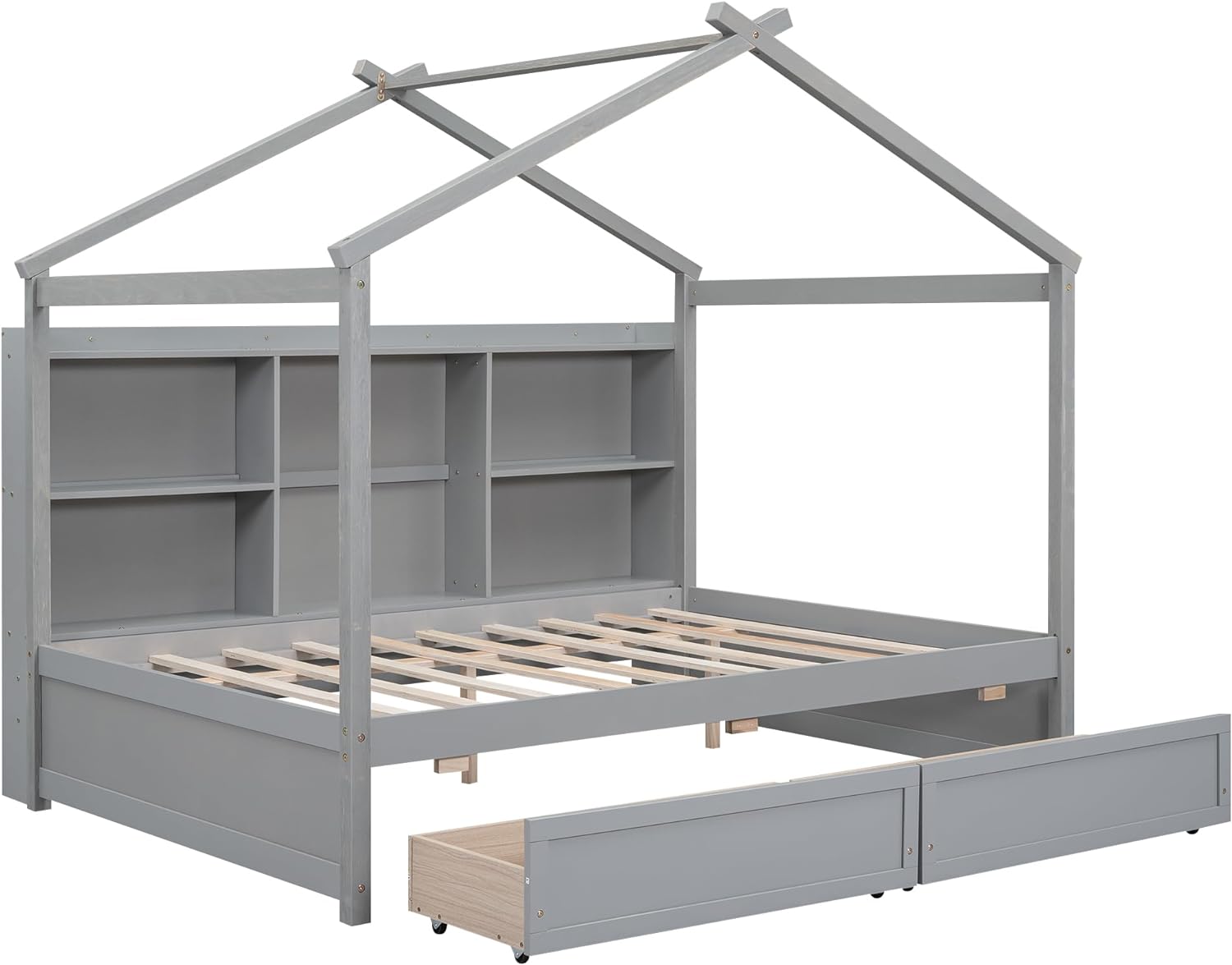 House Bed with Storage, Full Size House Bed with Storage Shelves and 2 Drawers, Wood Bed Frame with Roof for Kids, Teens, Boys or Girls, Easy Assembly (with Drawers)