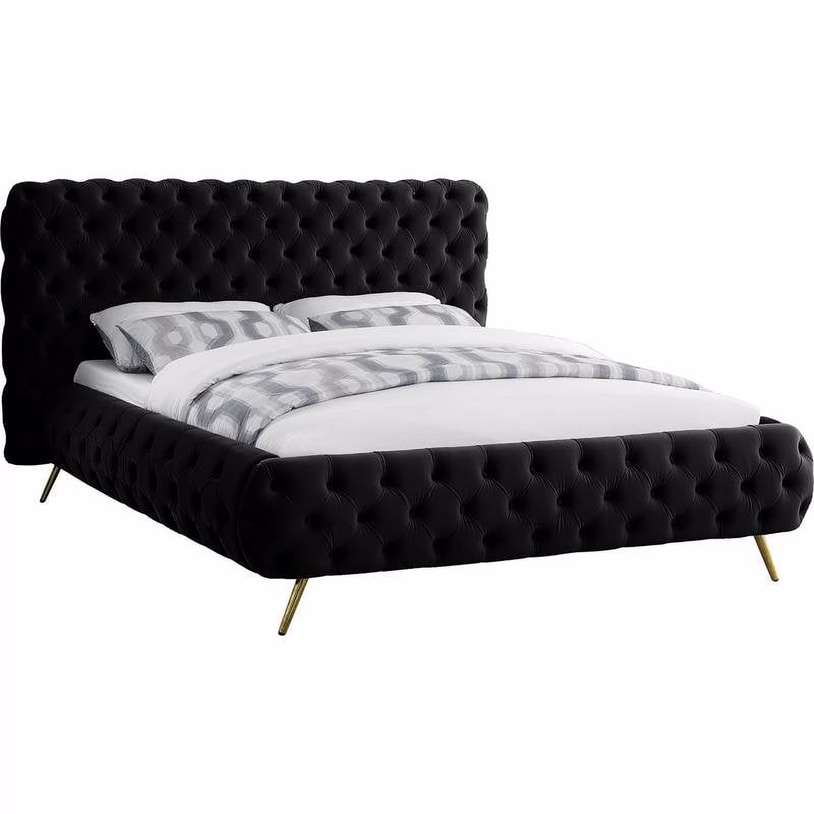 Maklaine Contemporary Solid Wood Tufted Velvet Queen Bed in Black