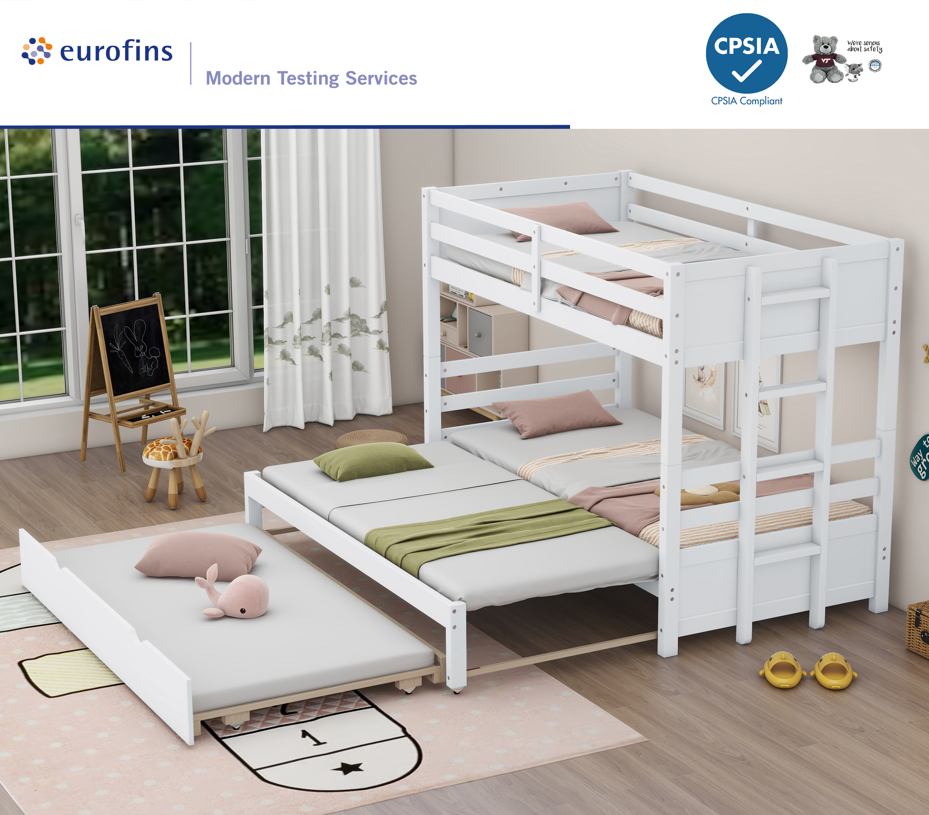 Bellemave Twin over Twin Bunk Bed with Trundle Convertible Bunk Bed Frame with Pull-out Bed Space-saving 4 Twin Beds in 1 Wooden Twin Bunk Bed for Kids, Boys, Girls, White