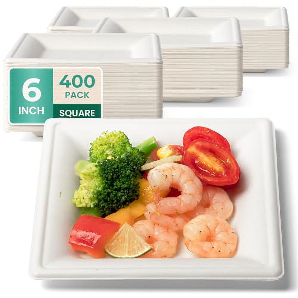 [400 Pack] Compostable Paper Plates, 6 Inch Biodegradable Square Plates, Heavy-Duty Disposable Dessert Plates Eco-Friendly Sugarcane Plate for Party, Appetizer, Dinner. Cake, Snack, White