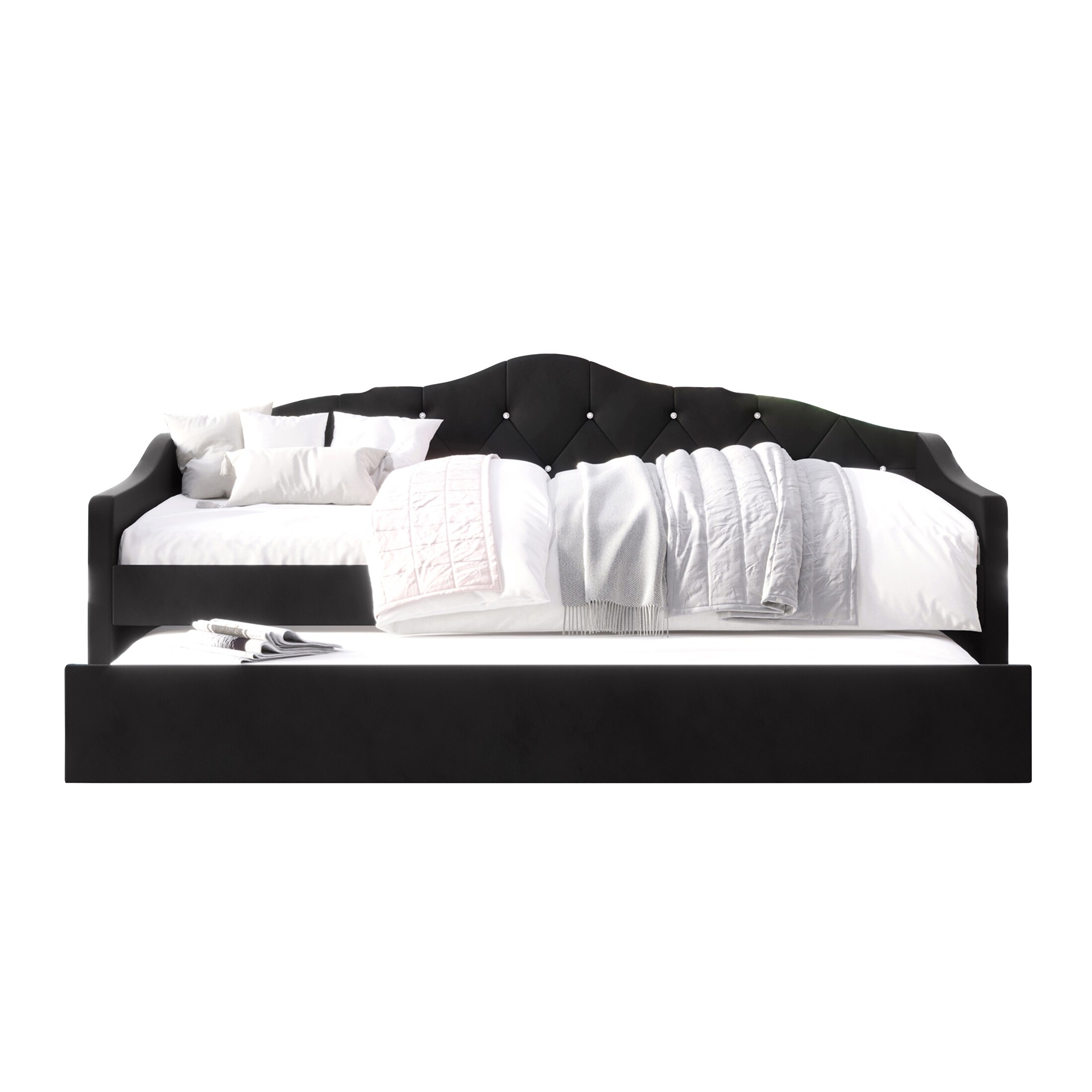 CraftPorch  Glam Velvet, Crystal Button Tufted Twin Daybed with Trundle Black. - Twin