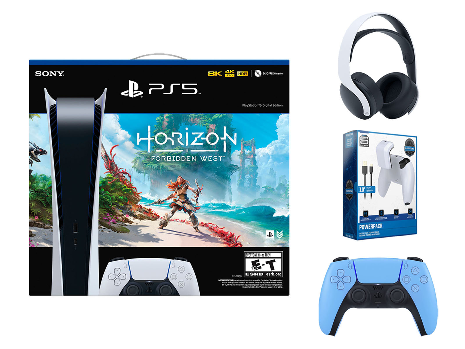 Sony Playstation 5 Digital Edition Horizon Forbidden West Bundle with Extra Blue Controller, White PULSE 3D Wireless Headset and Surge Battery Pack & Charge Cable