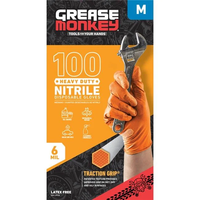 Big Time Products  Grease Monkey Orange Heavy Duty Nitrile Medium Disposable Gloves, Large - 100 Count
