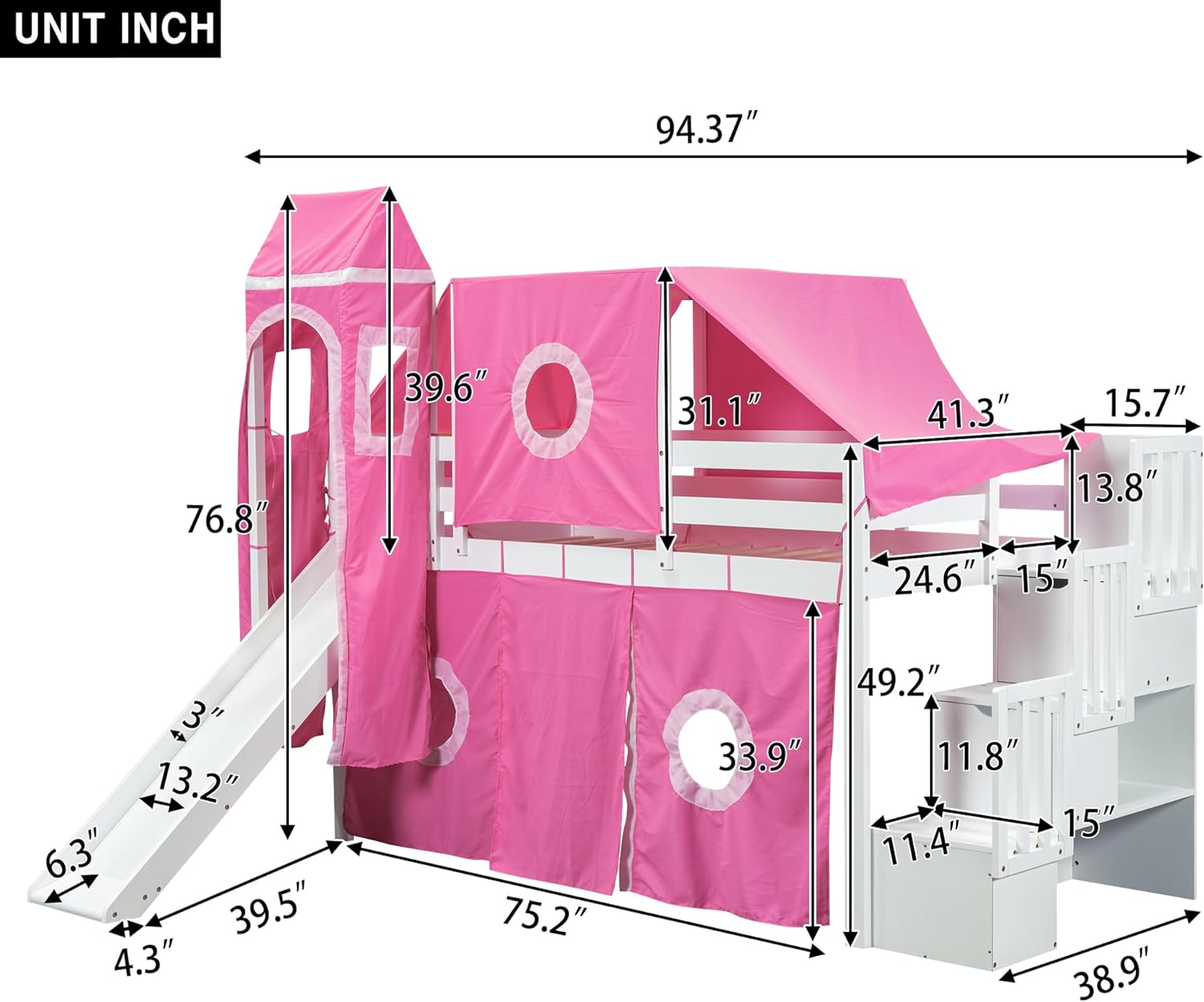 House Lof Bed Wih Slide Ad Sorage Sairs, Wood Kids Lof Bed Wih e Ad ower, Playhouse Lof Bed Frame For Kids, ees ( Size, )