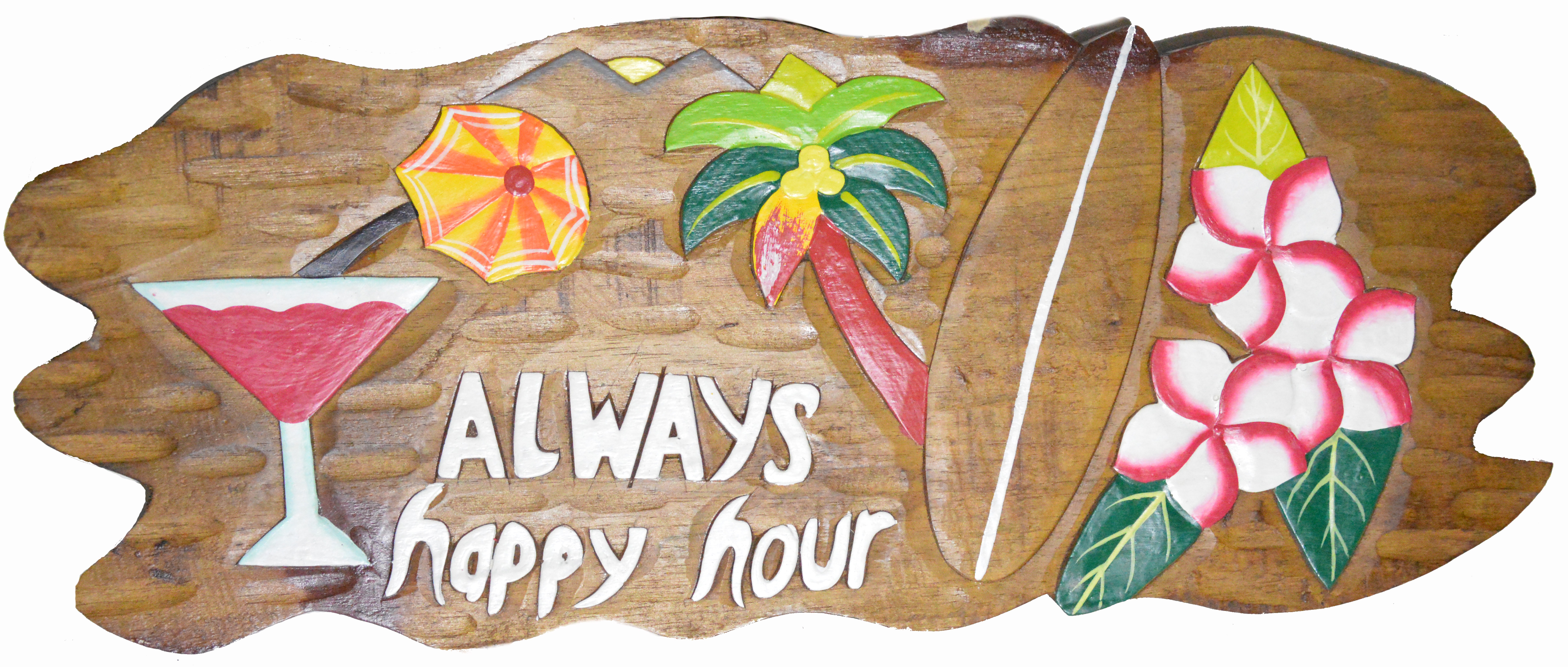 Handmade Margarita Wine Always Happy Hour Palm Tree Hibiscus Flower SURF Wood Beach Sand Tiki Bar Sign