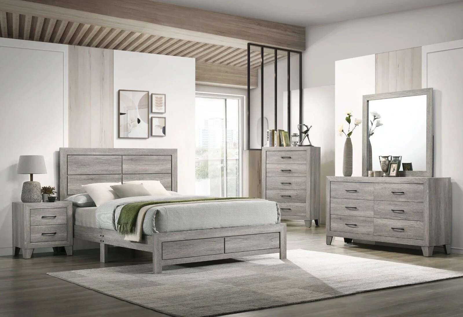 Contemporary 4pc King Size Platform Bedroom Set Gray Finish Bed Dresser Mirror Nightstand Wooden Bedroom Furniture