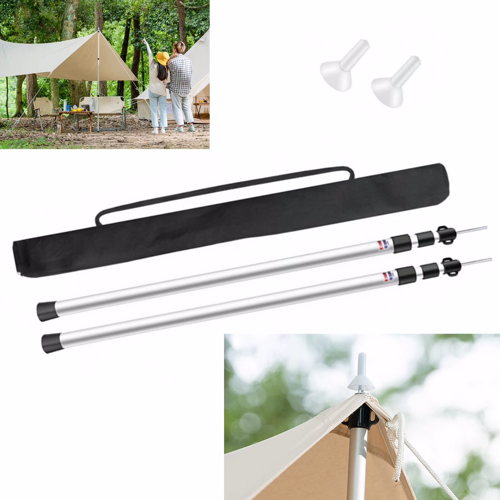 Universal Adjustable Telescopic Aluminum Tarp Pole Camping Tent Poles Silver 2pc