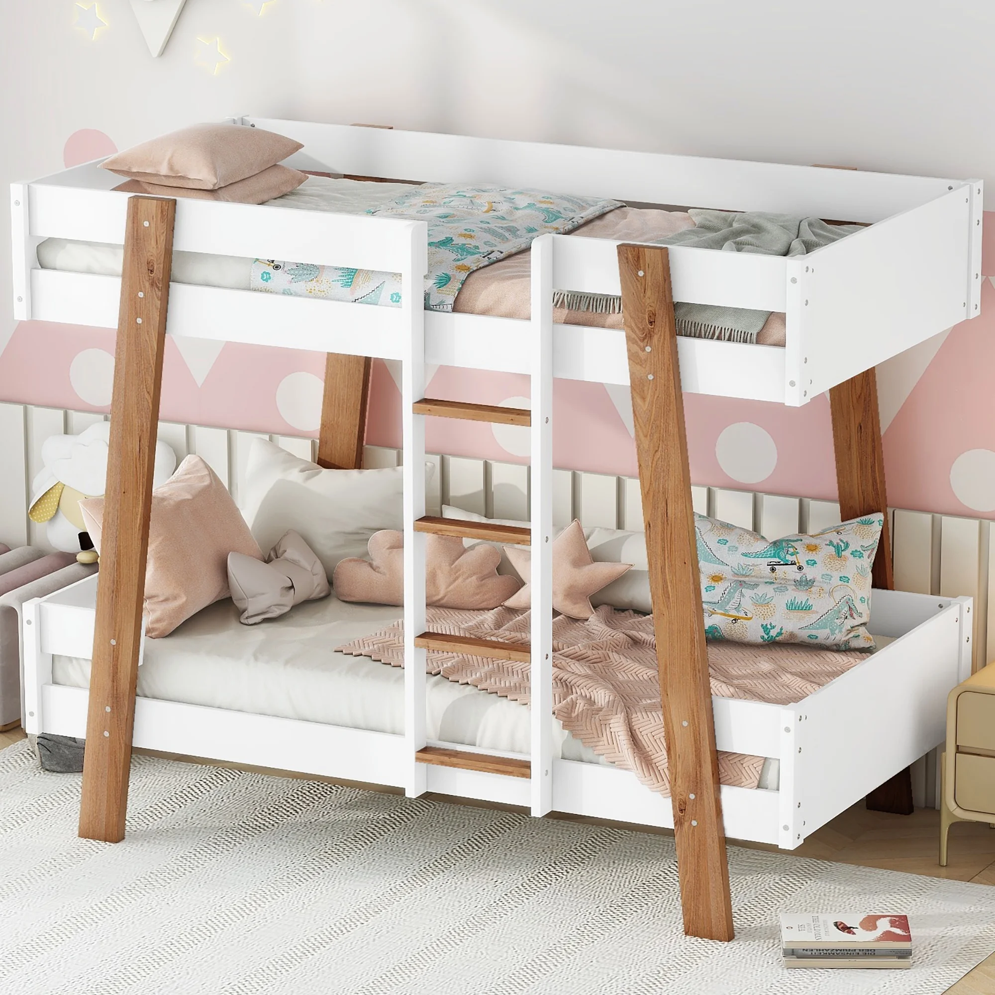 Euroco Wood Twin over Twin Bunk Bed, Inclined Bunk Bed Frame, No Box Spring Needed, White