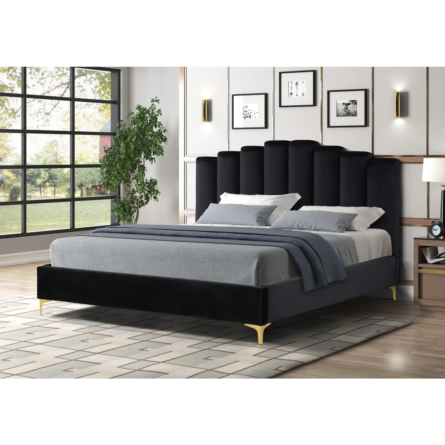 Sicily Velvet Fabric Cali King Platform Bed in Black