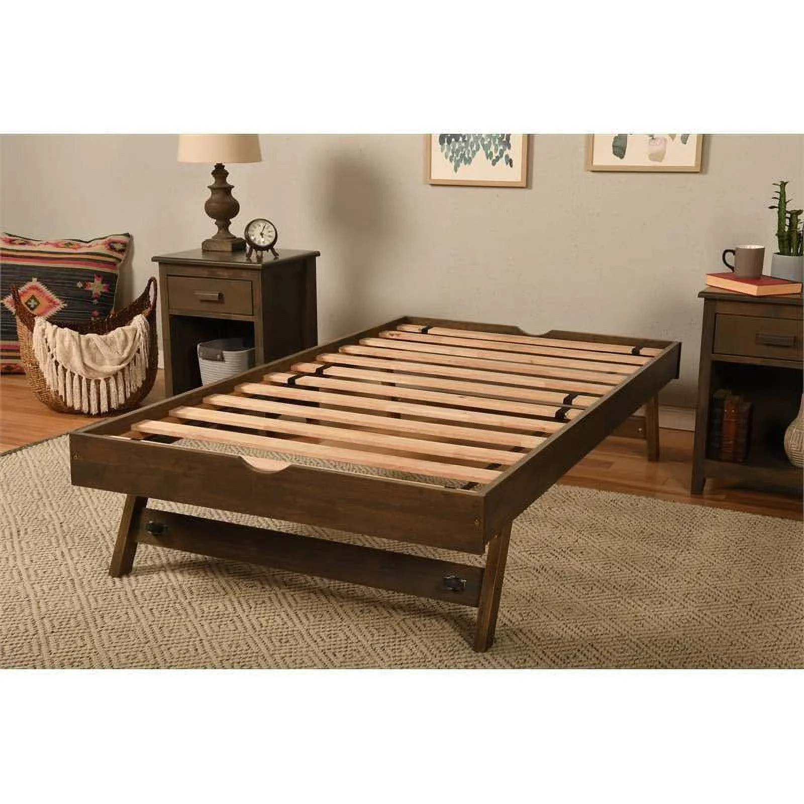 Kodiak Furniture Boho Wood Pop Up Bed in Rustic Walnut Brown Finish with Tray