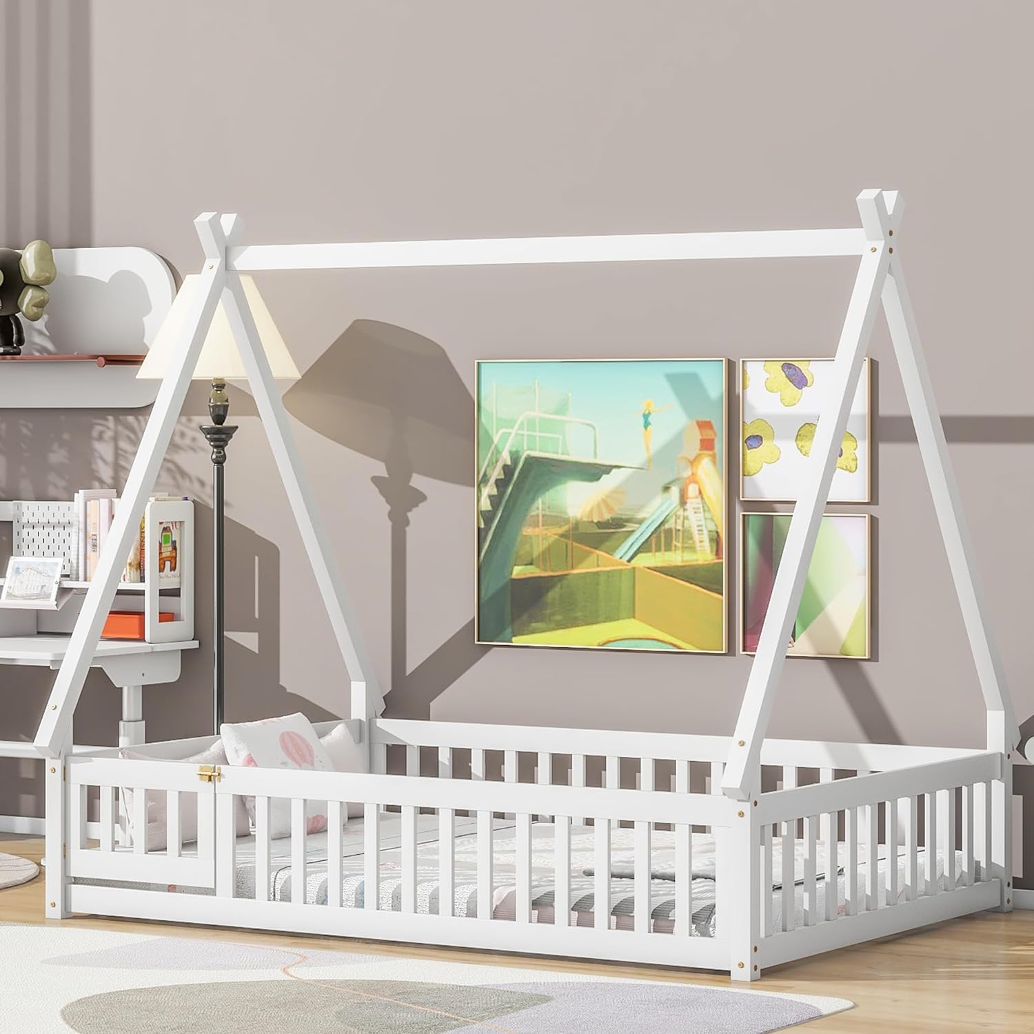 Full Size Floor Bed With Rails Ad Door For Kids, Wood Motessori Teepee Bed Frame, Tet Bed With Slats Ad Fece For Boys Girls, o Box Sprig eeded, White