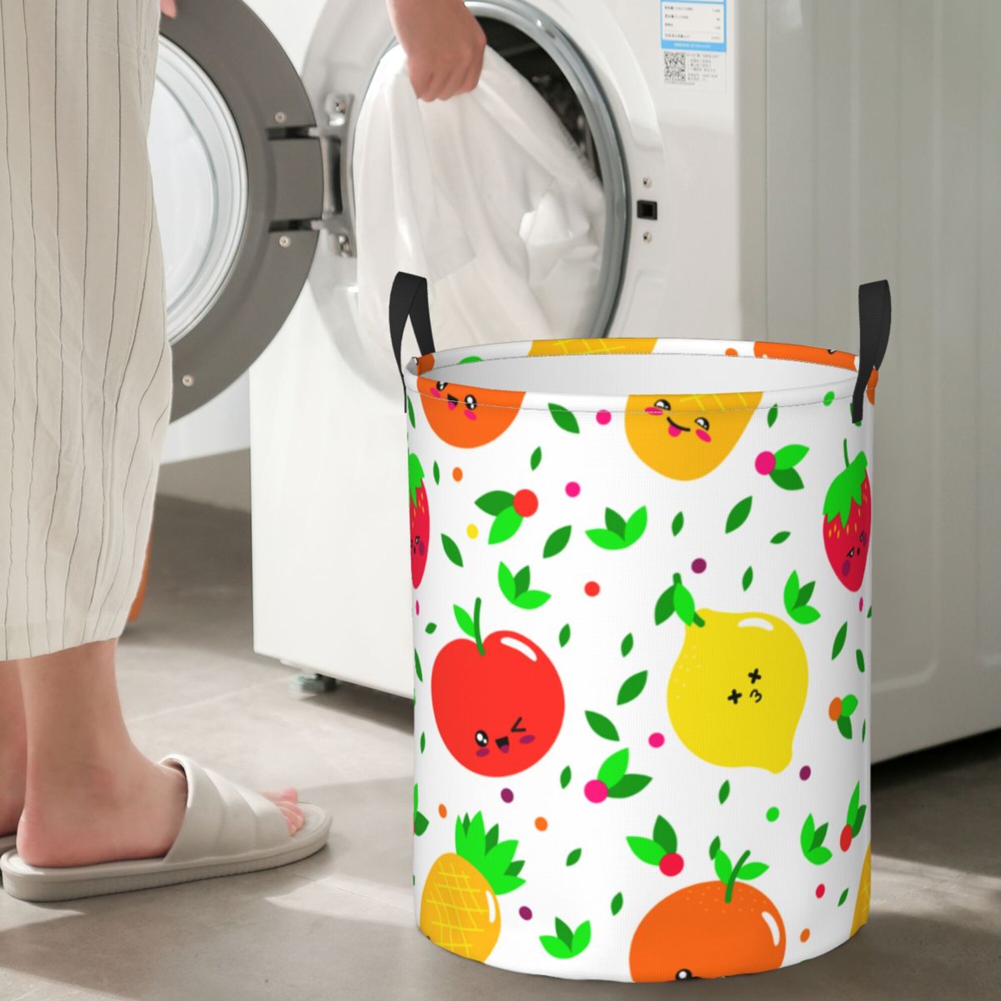 DouZhe Waterproof Collapsible Large Laundry Baskets, Cute Fruits Prints Circular Hamper with Handles