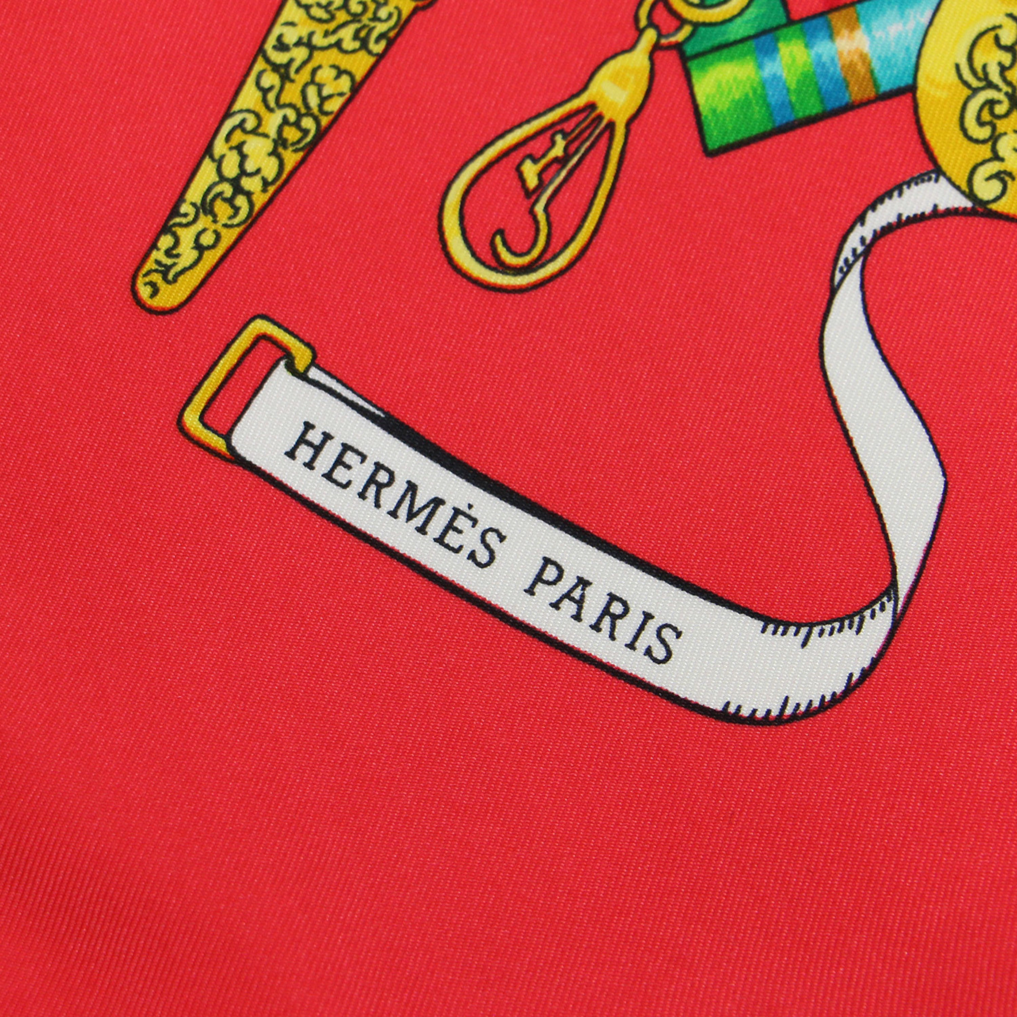 Pre-Owned HERMES Muffler/Scarf Large Square Allover Print Silk Carre90 Pelile main VINTAGE Vintage Item Red Made in France (Good)