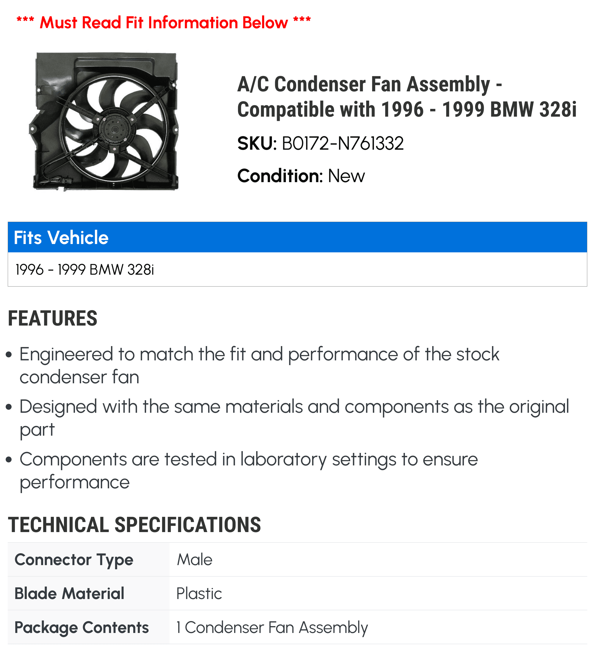 A/C Condenser Fan Assembly - Compatible with 1996 - 1999 BMW 328i 1997 1998