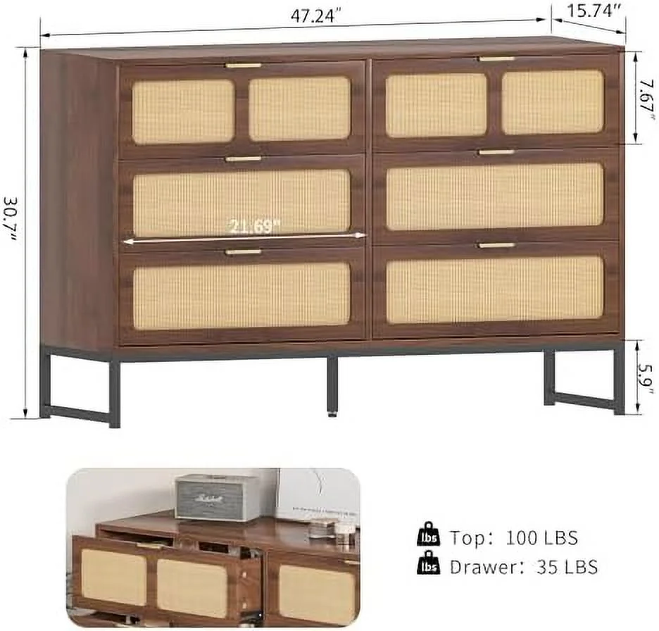 HBBOOMLIFE Rattan 6 Drawer Dresser  Dresser Chest of Drawers Farmhouse Oak 6 Double Drawer Dresser Cabinet with Wide Drawers Metal Legs Mid Century Modern  Dressers Chest for Bedroom  Liv