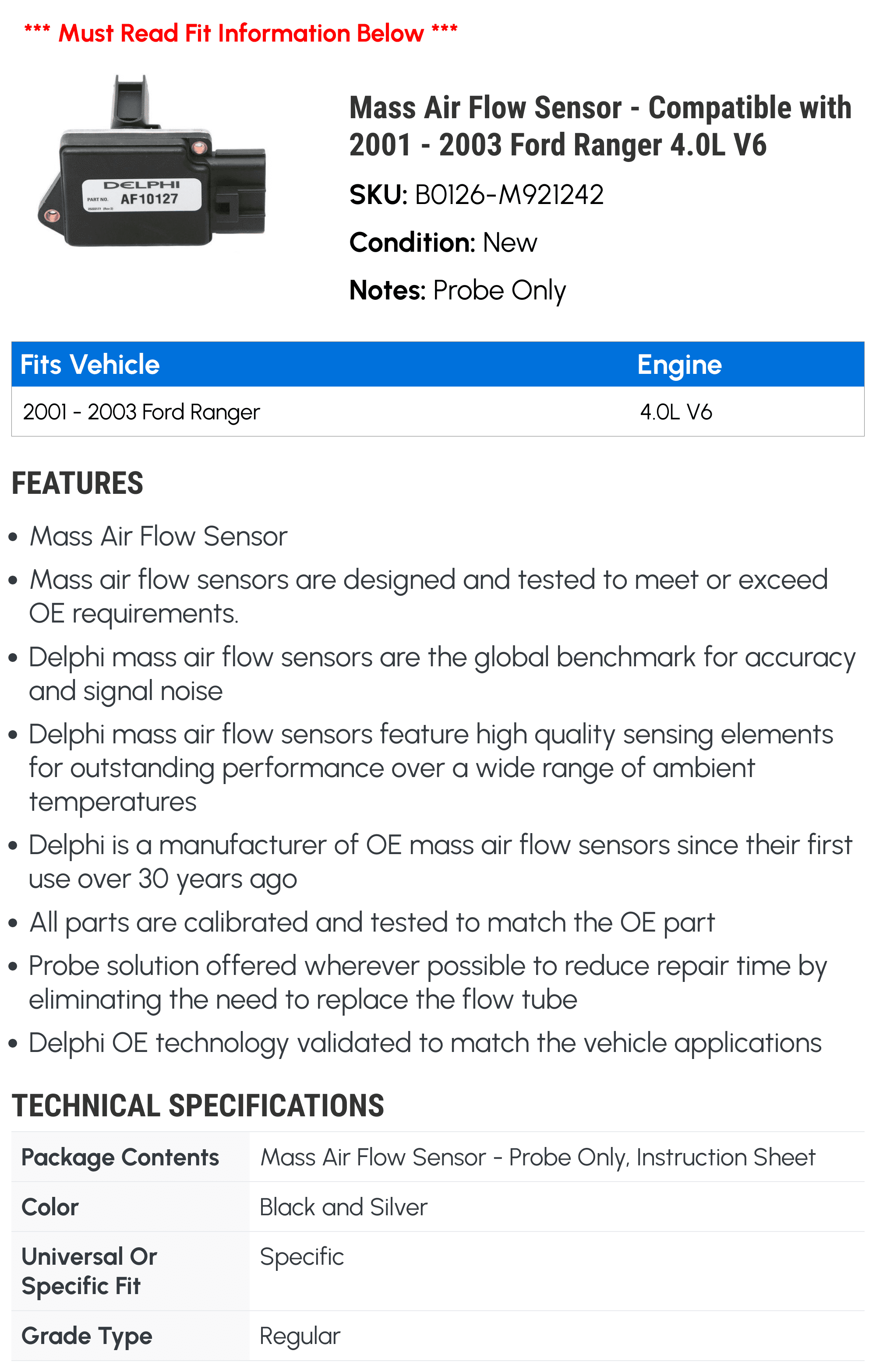 Mass Air Flow Sensor - Compatible with 2001 - 2003 Ford Ranger 4.0L V6 2002