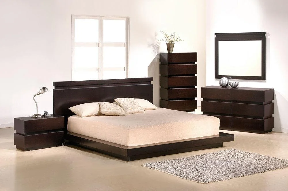 Modern Brown Lacquer Finish Queen Size Bedroom Set 5Pcs Italy J&M Knotch