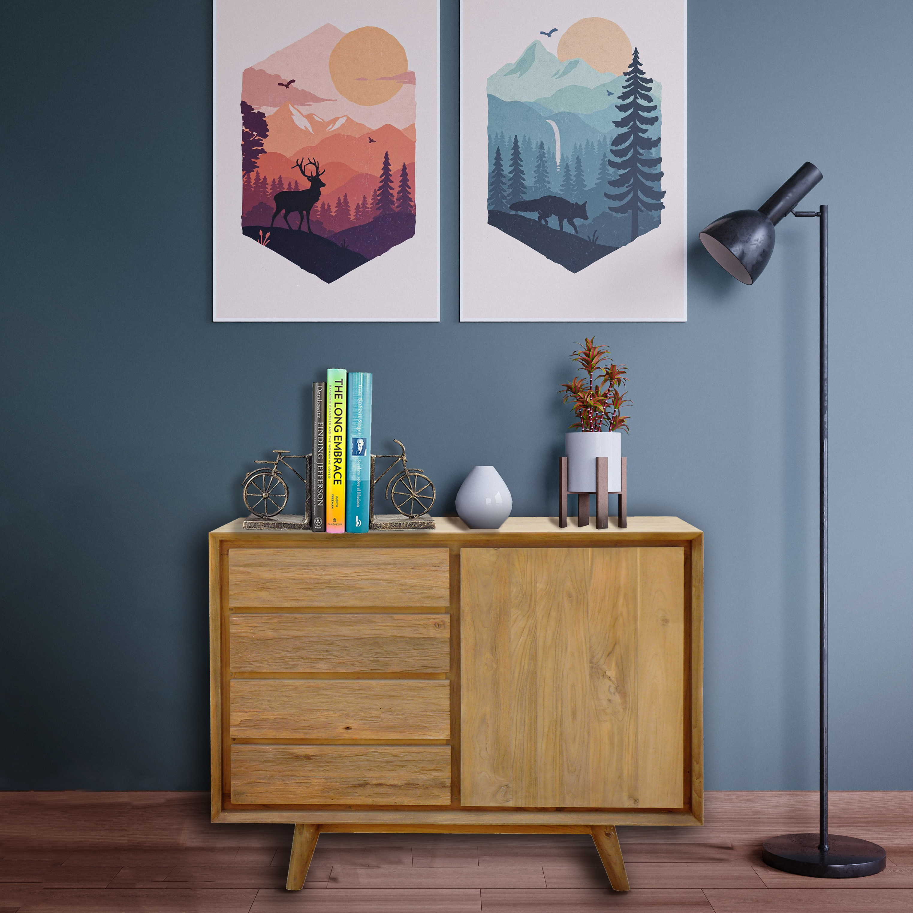 Recycled Teak Wood Wood Retro Chest with 1 Door, 4 Drawers