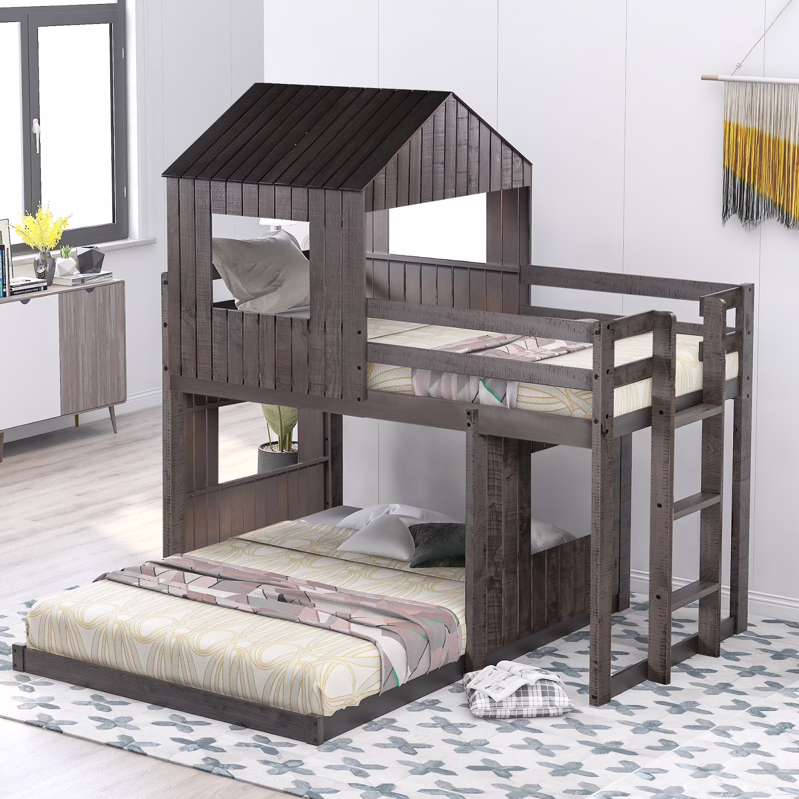 Twin Over Full Bunk Bed for Kids Teens, Solid Wood Full Bunk Bed Frame with Window, Guardrail, Roof for Boys & Girls