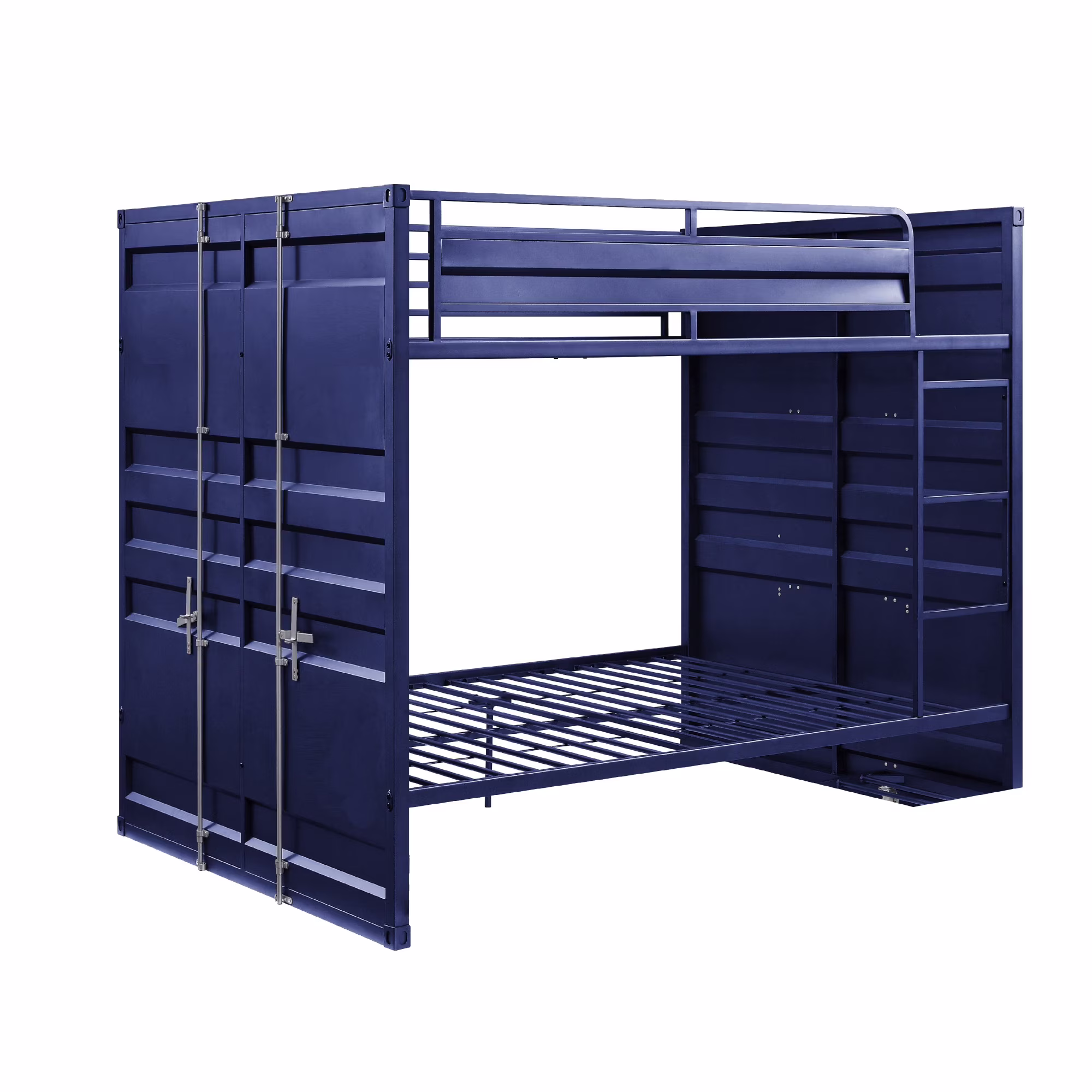 Industrial Style Full Size Bunk Bed With Recessed Panel Design, Blue