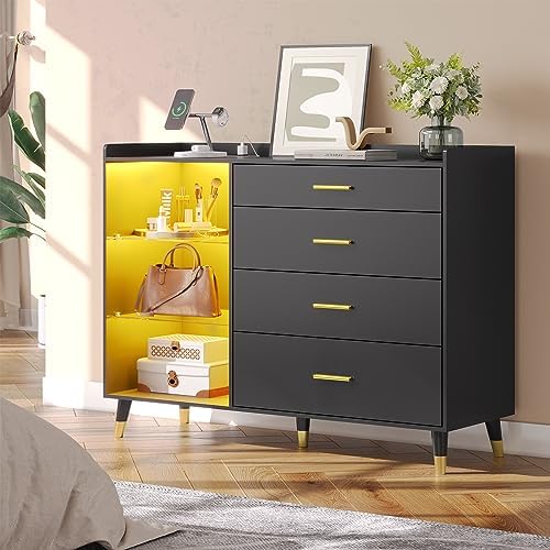 xrboomlife Dresser for Bedroom with LED Lights  Black Dresser with 6 Drawers  Modern Chest of Drawers with Metal Handles  Wood Large Capacity  Cabinet Closet Dresser for Bedroom Entryway