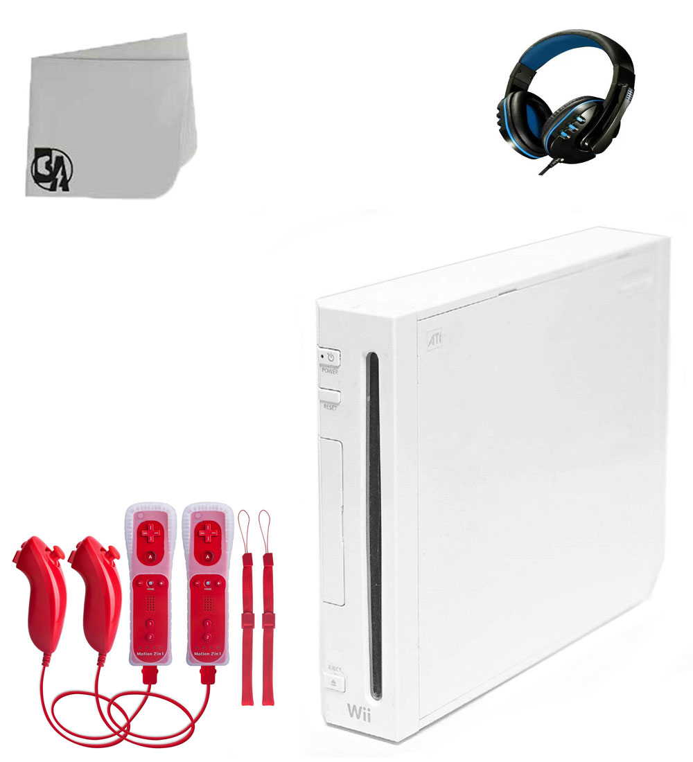 Nintendo Wii White Gaming Console With 2 Red Gaming Controller + Head Set BOLT AXTION Bundle Like New