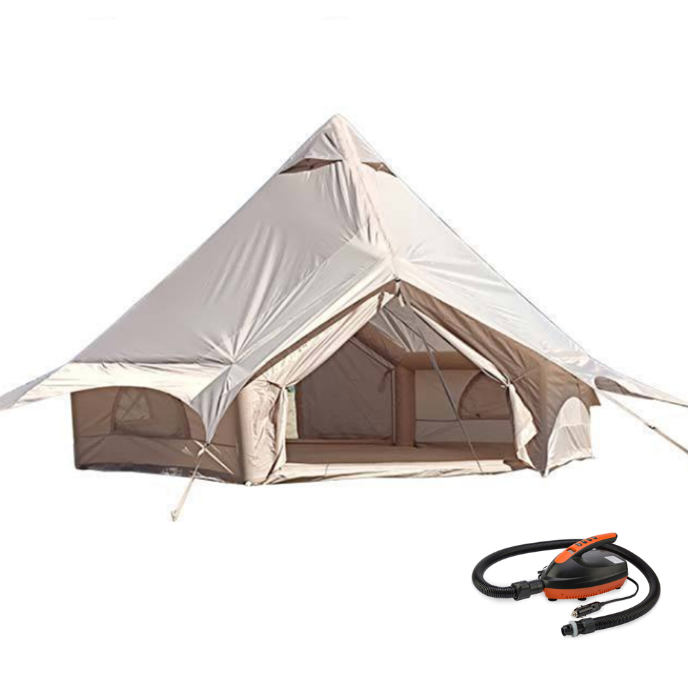 Inflatable Camping Bell Tent with Electric Pump, Glamping Tent, Waterproof Windproof Oxford Tent, Outdoor Blow Up Tent, Easy Setup, Four Season Luxury Cabin Tent with Mesh Windows & Doors