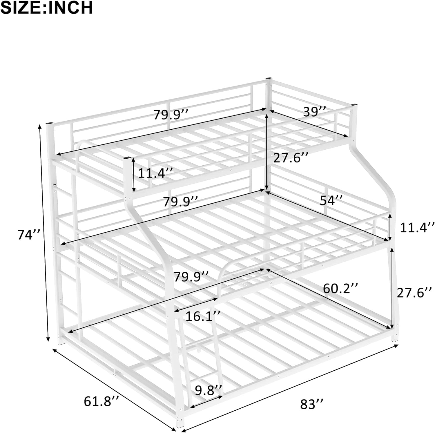 Triple Bed Metal XL-Over-Full XL-Over-Queen Bed Bunk Bed With Ladders, Bunk Bed For Family, Teens,No Box Spring Needed
