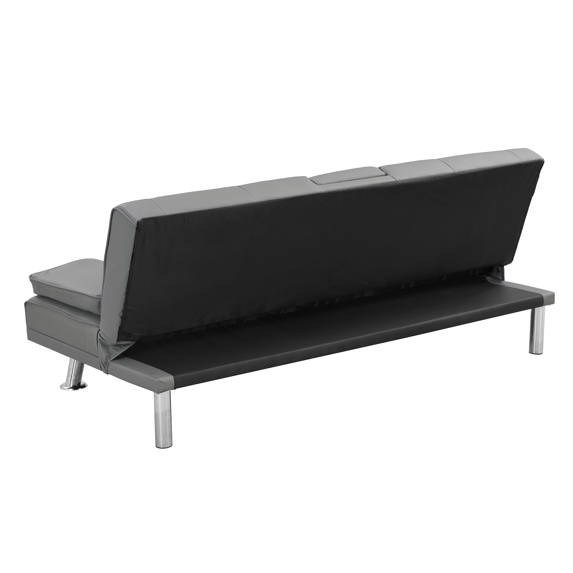 sofa bed with Armrest two holders WOOD FRAME, STAINLESS LEG, FUTON GREY PVC