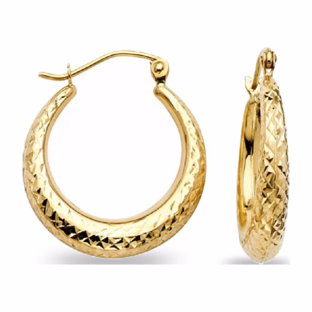 14k Yellow Gold Graduated Diamond Cut Hoop Earrings Polished Finish French Lock Genuine 15mm x 4mm
