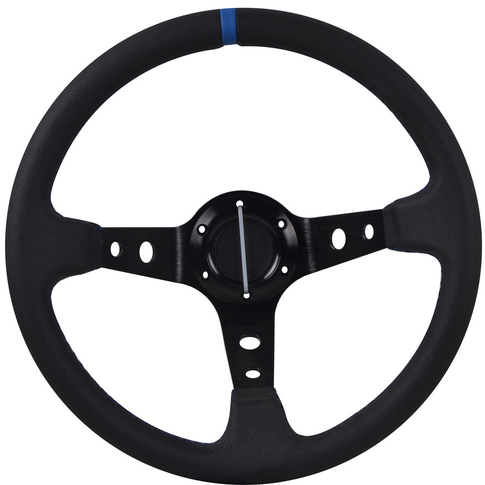 Ikon Motorsports Compatible with 350MM Genuine Leather 6 Hole Steering Wheel Deep Dish Black Blue & Black Emblem