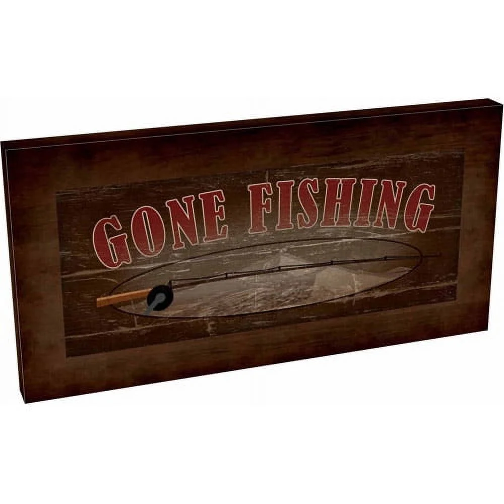 Gone Fishing Pole Sign Wood Grain Lake Lodge Painting Brown & Red Canvas Art by Pied Piper Creative