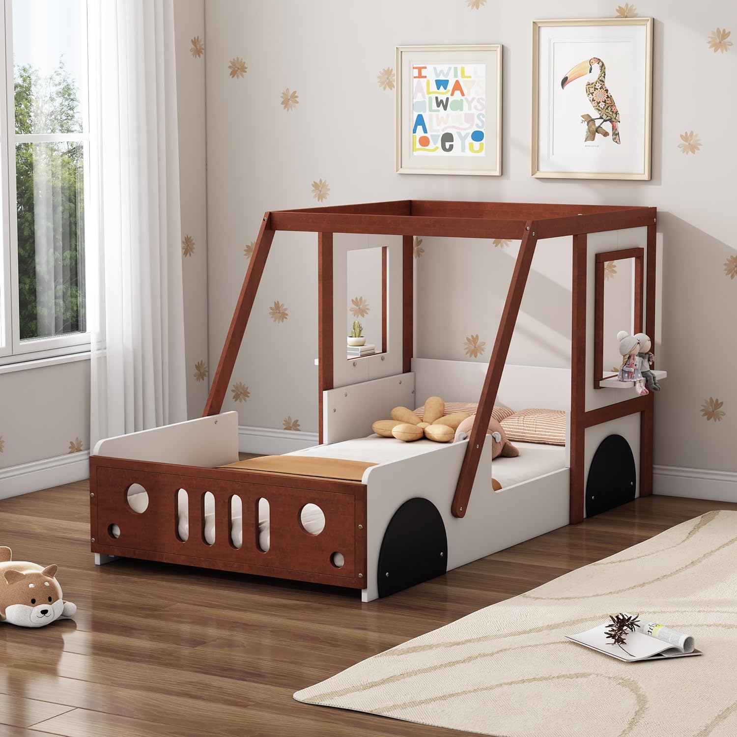 Size Car Bed, Wood Racecar Bed Frame Wih Fece Railigs Ad Caopy, Kids Floor Bed Frame I Car-Shaped For Boys Girls ees, Whie Wih Walu