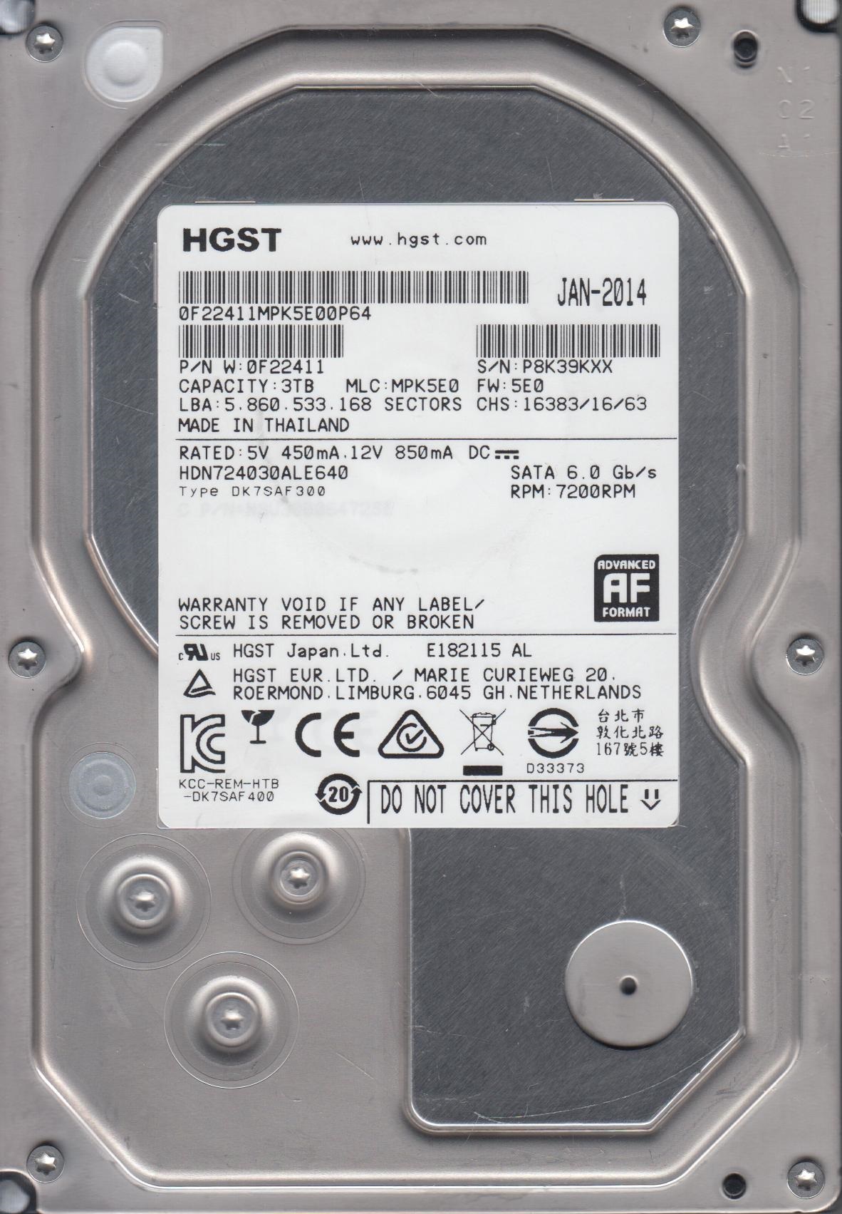 HDN724030ALE640, PN 0F22411, MLC MPK5E0, Hitachi 3TB SATA 3.5 Hard Drive