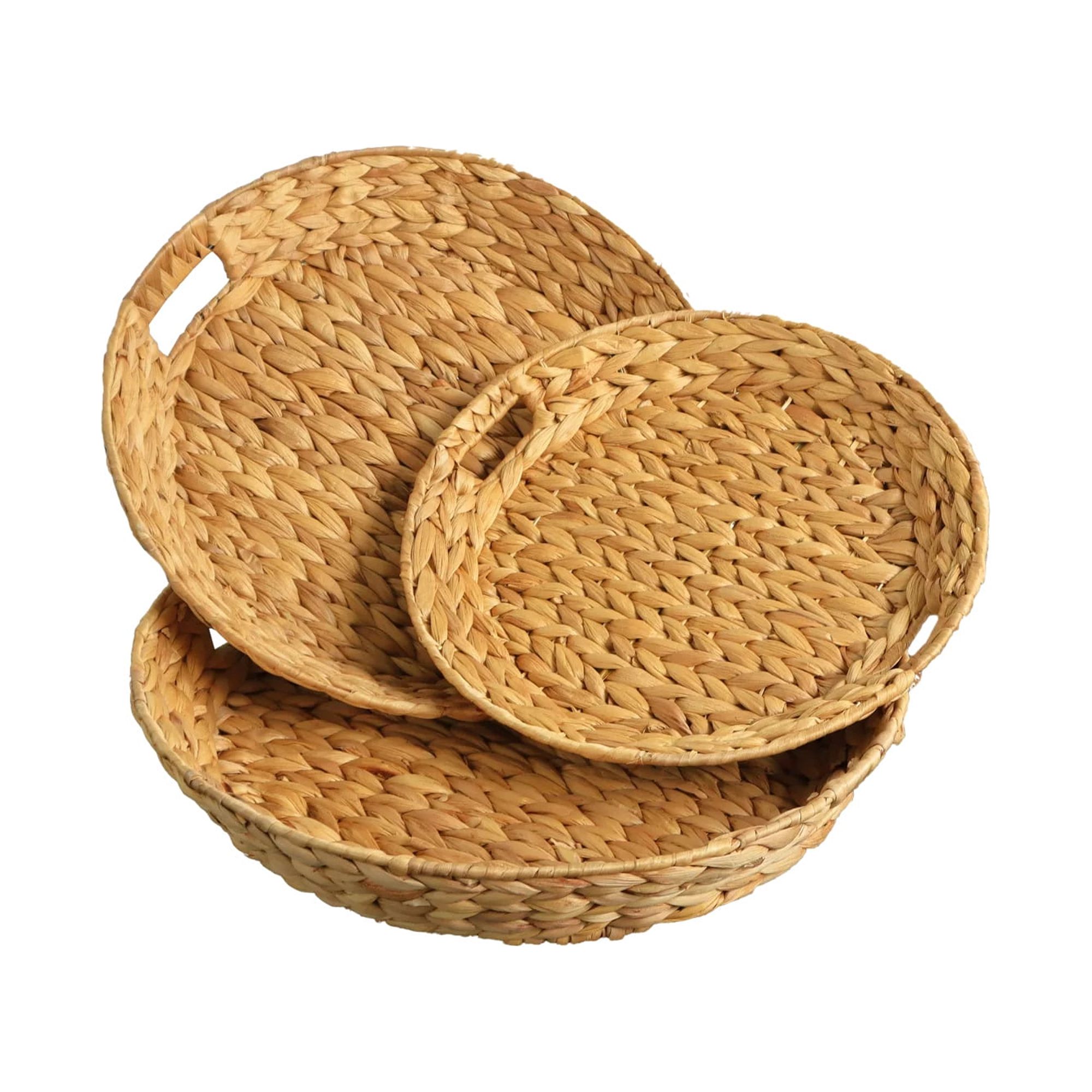 Eden Grace Set of 3 Hand Woven Tapered Round Wicker Serving Trays, Arrow Weave Design with Handles, Tea Tray, Fruit Basket for Coffee Table and Breakfasts