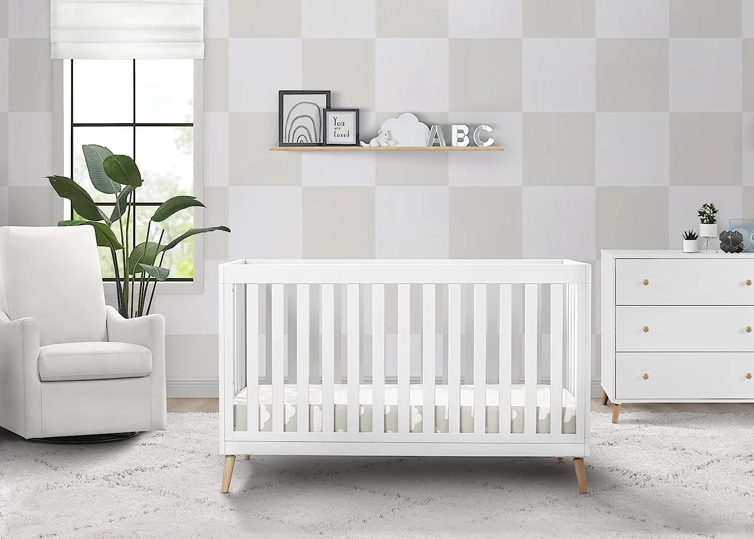 Delta Children Essex 4-in-1 Convertible Baby Crib, Bianca White/Natural Legs