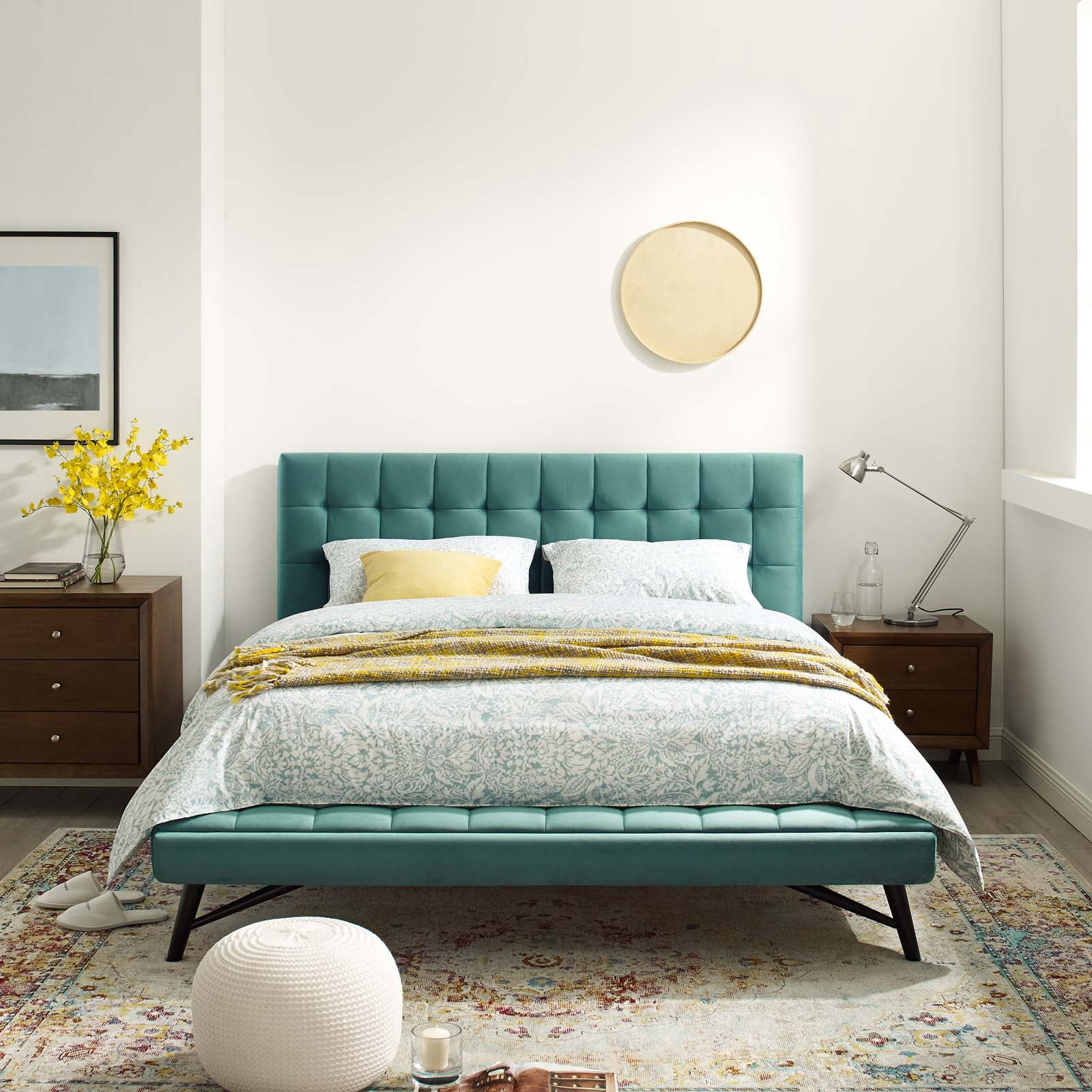 Contemporary Modern Urban Designer Bedroom Queen Size Platform Bed Frame, Velvet Fabric, Aqua Blue