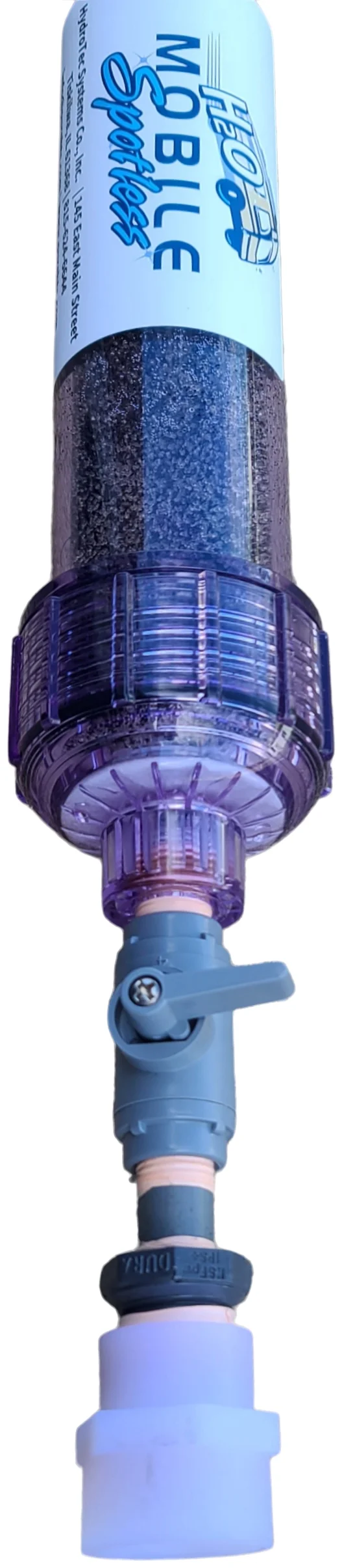 The Detailers Delite Inline peanut style refillable capsule filled with MB6040 Ion-Exchange Resin with ¾” Garden Hose supply connection and an 80 Degree Spray Angle rinse nozzle purified spray water b