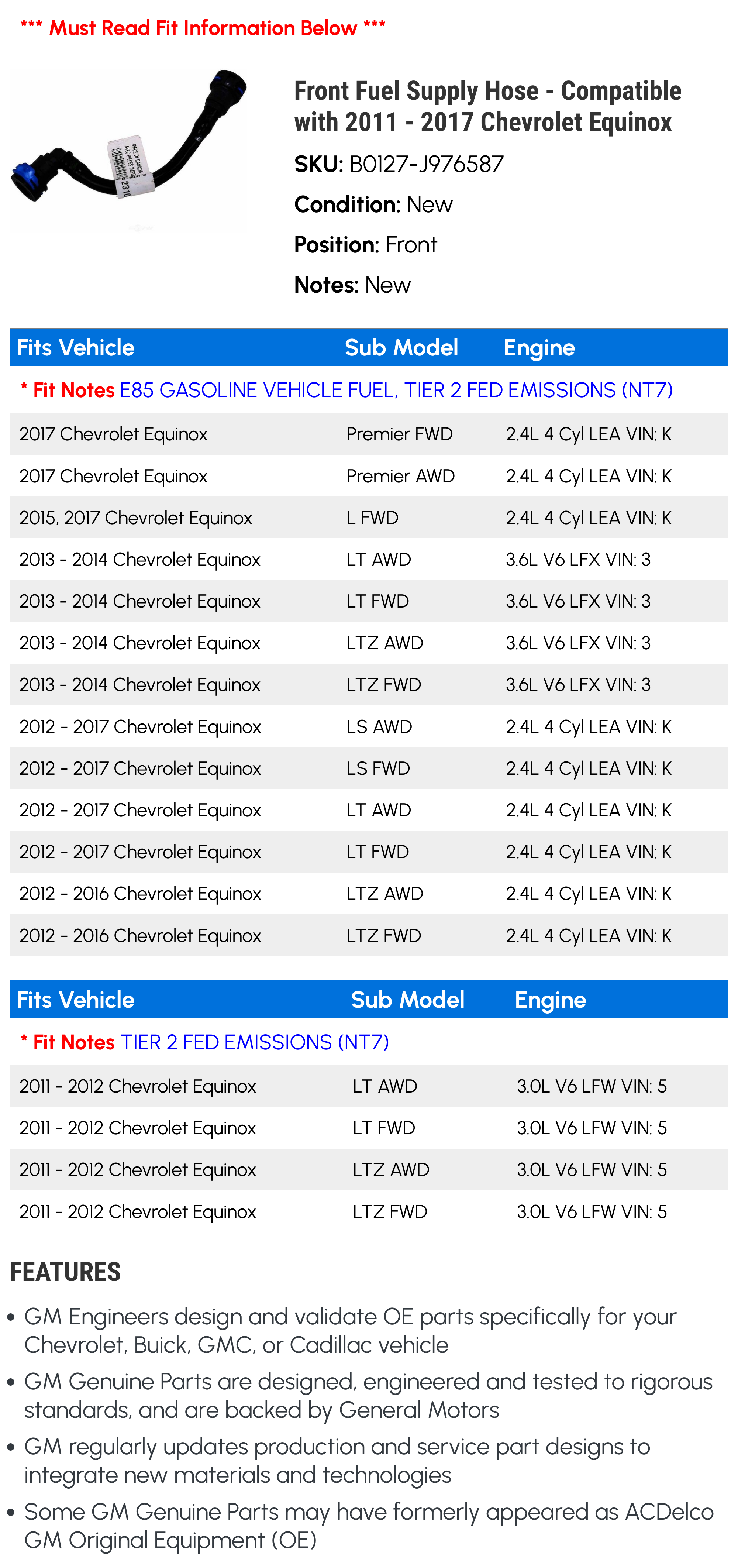 Front Fuel Supply Hose - Compatible with 2011 - 2017 Chevy Equinox 2012 2013 2014 2015 2016