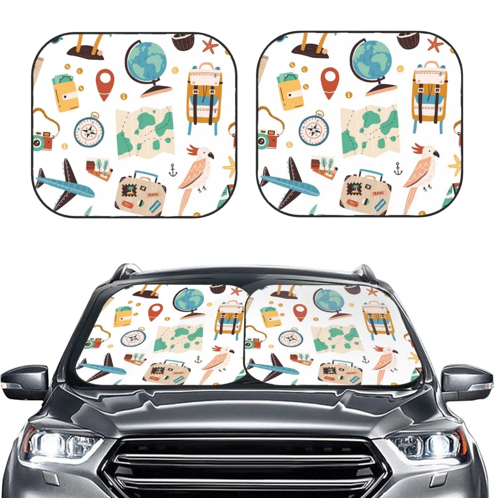 Lukts Travel1 Print 2 Piece Car Sun Shade Windshield,Foldable Car Shade Front Windshield With Keeps Your Vehicle Cool, For Most Sedans Suv And Trucks - Medium