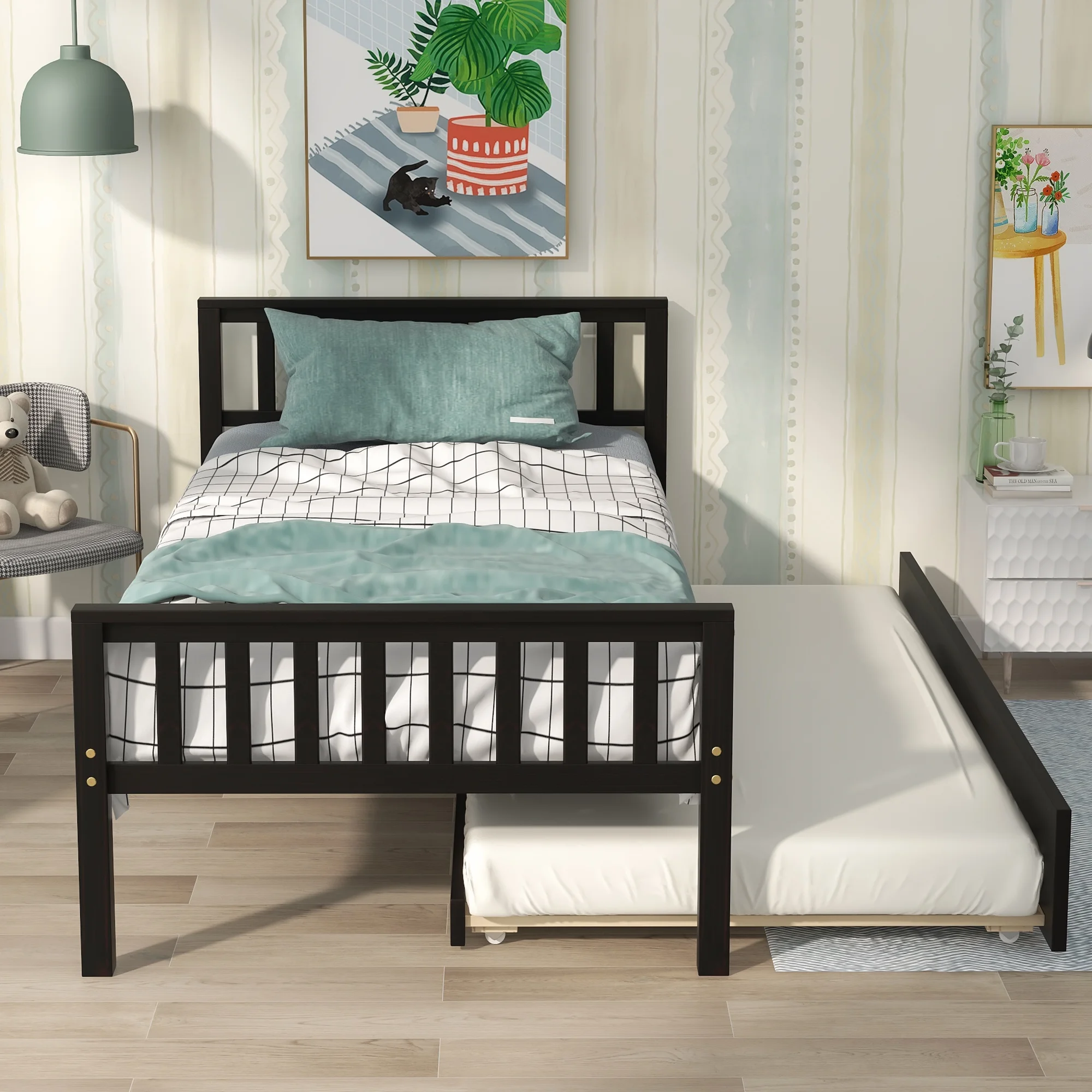 uhomepro Twin Bed Frame with Trundle, Solid Pine Wood Kids Twin Platform Bed Frame with Headboard and Footboard, No Box Spring Required, Espresso