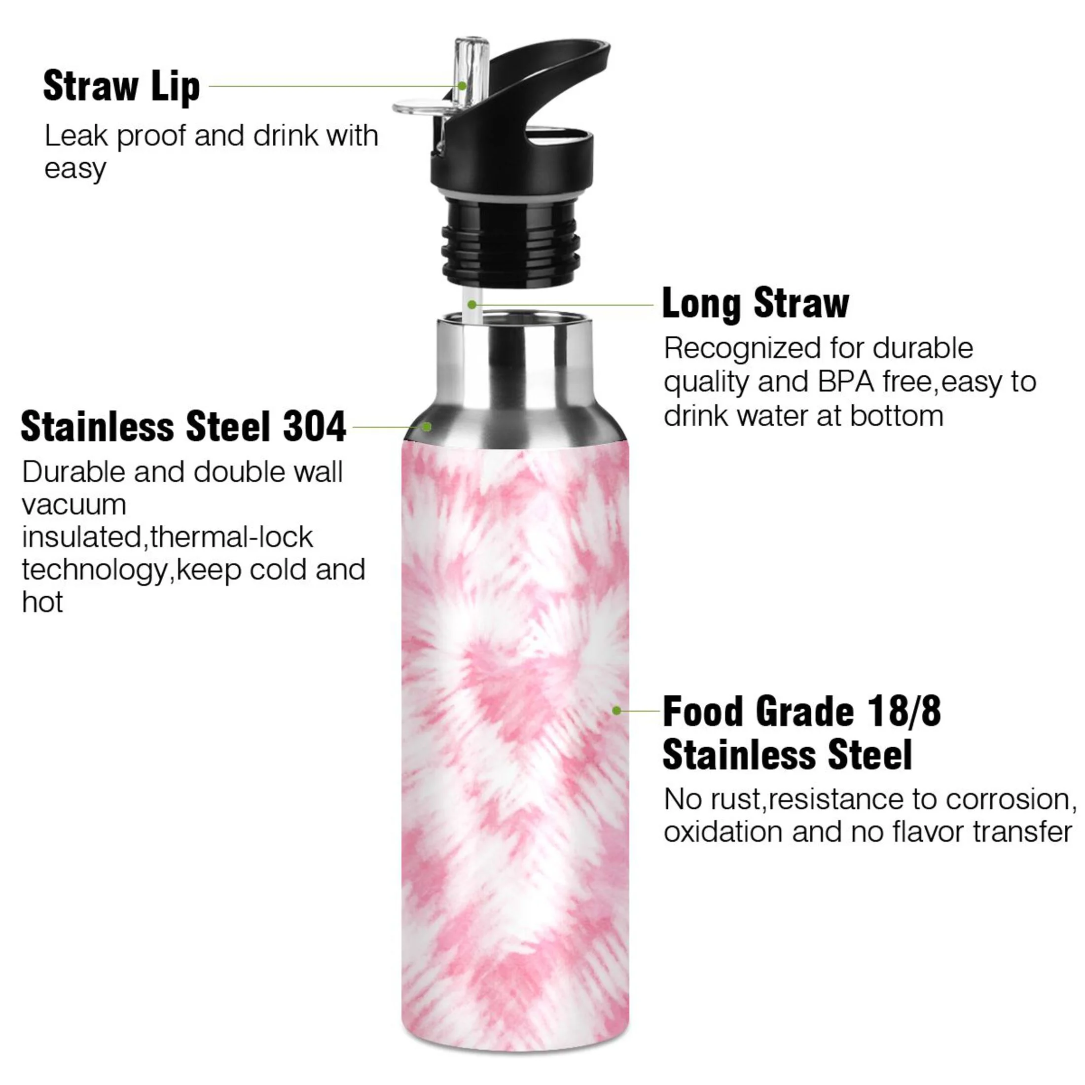 Stainless Steel Water Bottle Tie Dye Pink Gradient with Straw Lid Vacuum Insulated Leak Proof Flask Jug for Gym Travel Sports Cycling Outdoor 20 OZ