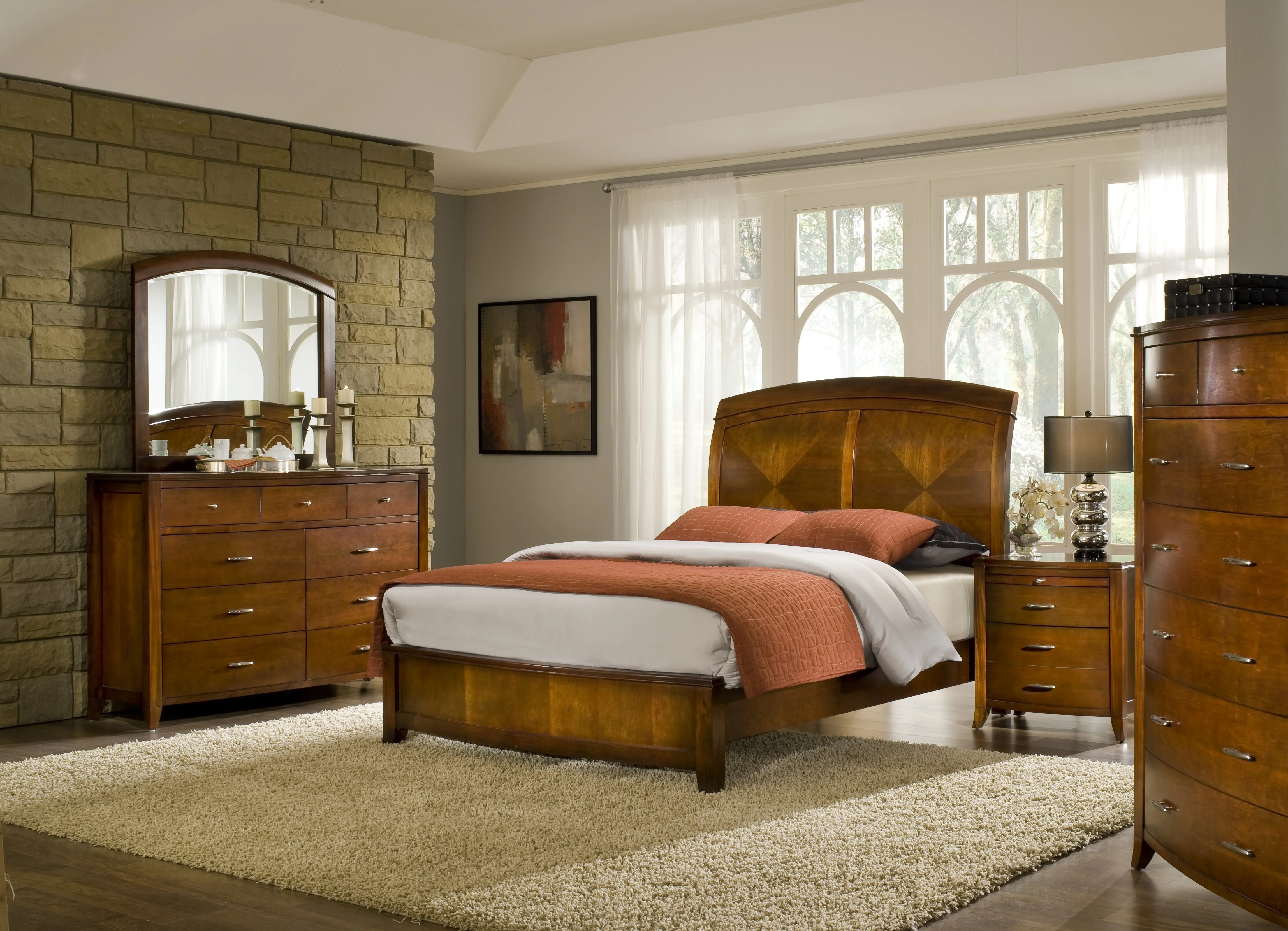 Viven 5PC Cal King Bed, 2 Nightstand, Dresser & Mirror Set in Mahogany Spice