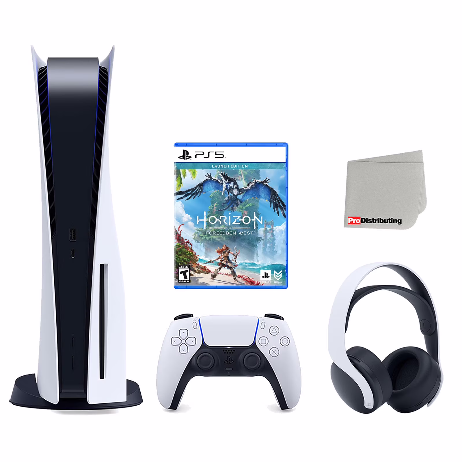 Sony Playstation 5 Disc Version Console with White PULSE 3D Headset, Horizon Forbidden West and Cleaning Cloth