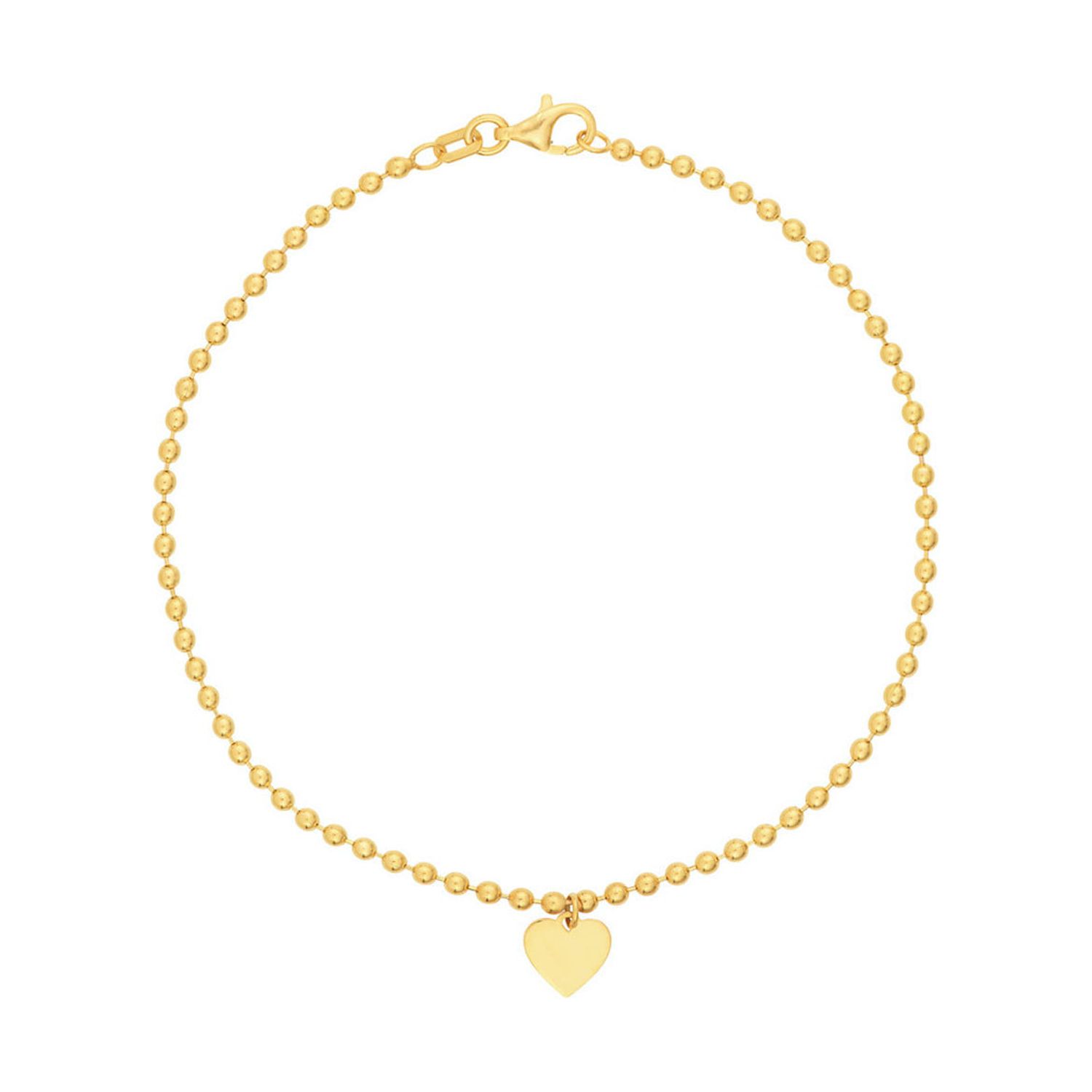 Engravable 14K Yellow Gold Personalized Ball Beaded Dangle Heart Bracelet 7.5