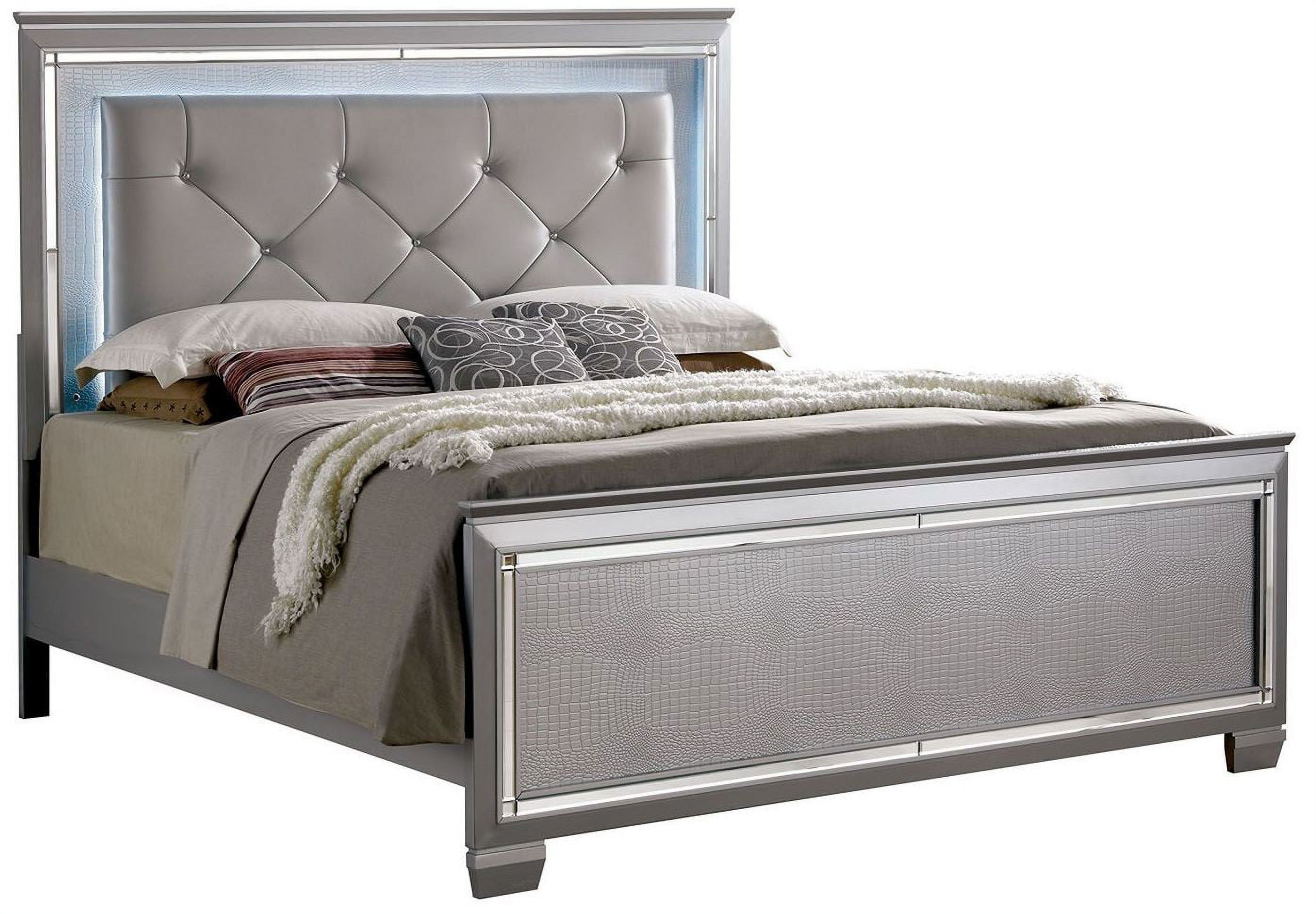 Contemporary Bellanova 1pc California King Size Bed Bedroom Furniture Leatherette Tufted HB w LED Silver Texture Bedframe