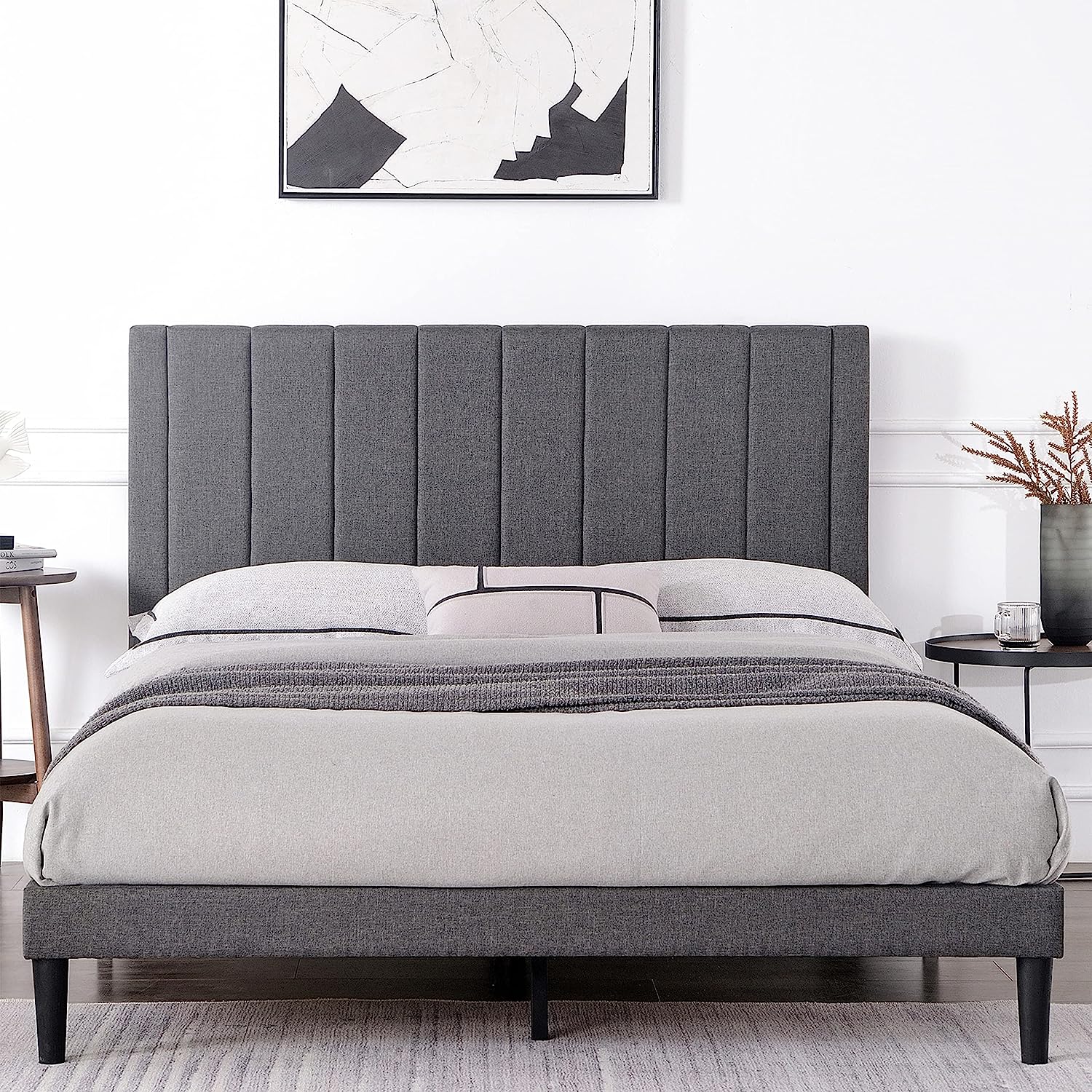 YINCHEN Platform Bed Frame Queen Size, Upholstered Platform Bed with Minimalist Headboard and Strong Wooden Slats,Non-Slip and Noise-Free,No Box Spring Needed,Easy Assembly,Grey