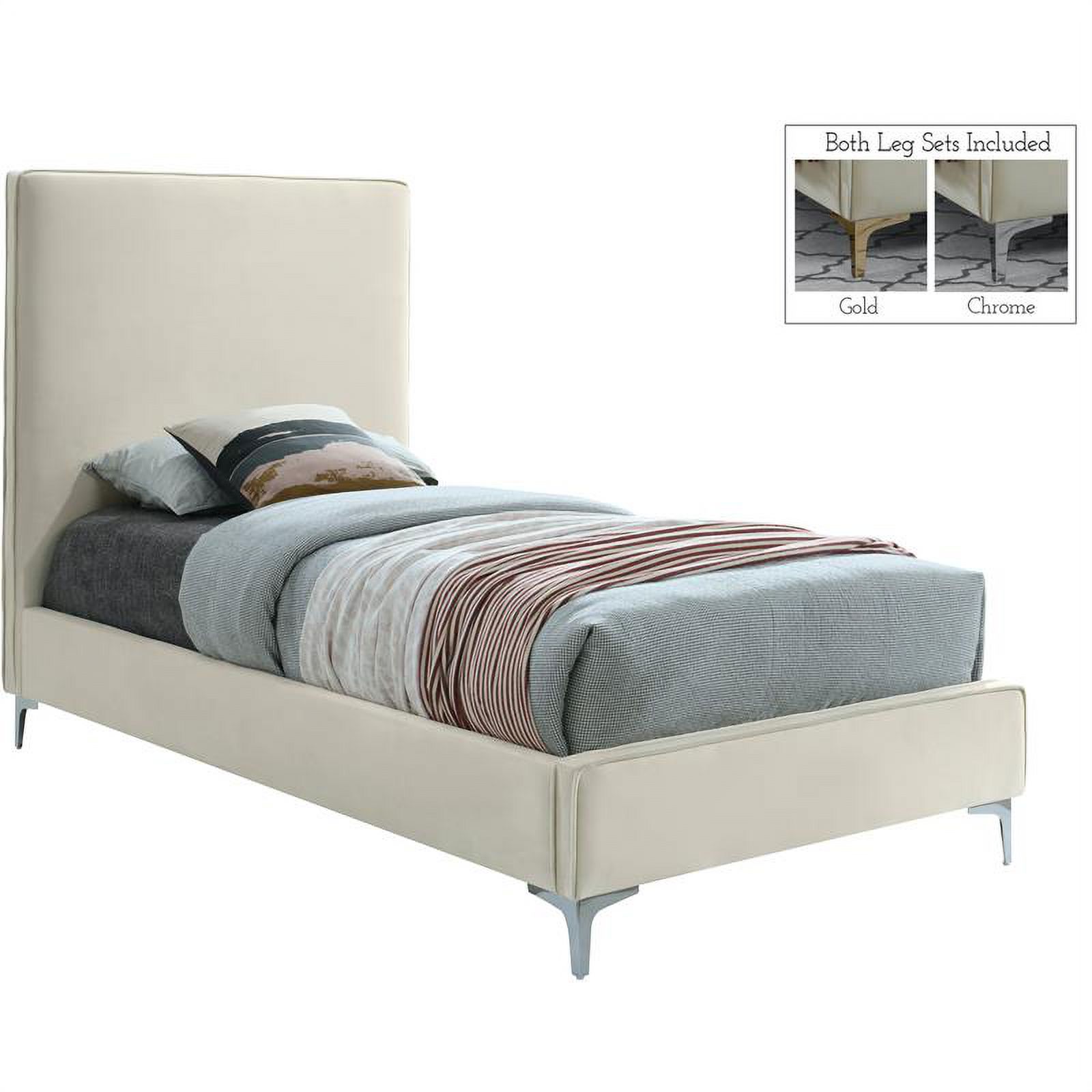 Maklaine Contemporary Cream Velvet Twin Bed with Gold and Chrome Legs Included