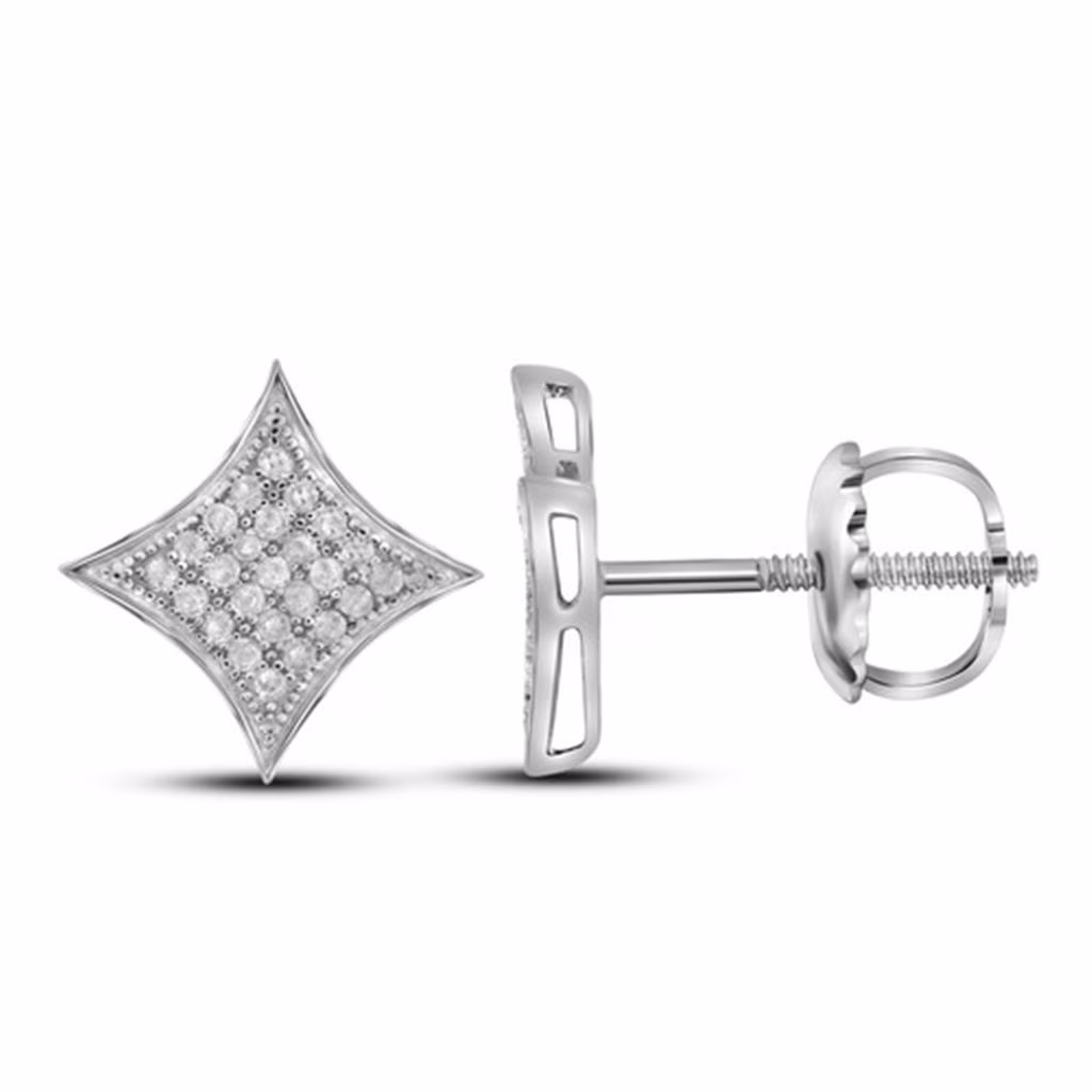 10k White Gold Round Diamond Square Kite Cluster Earrings 1/6 Cttw