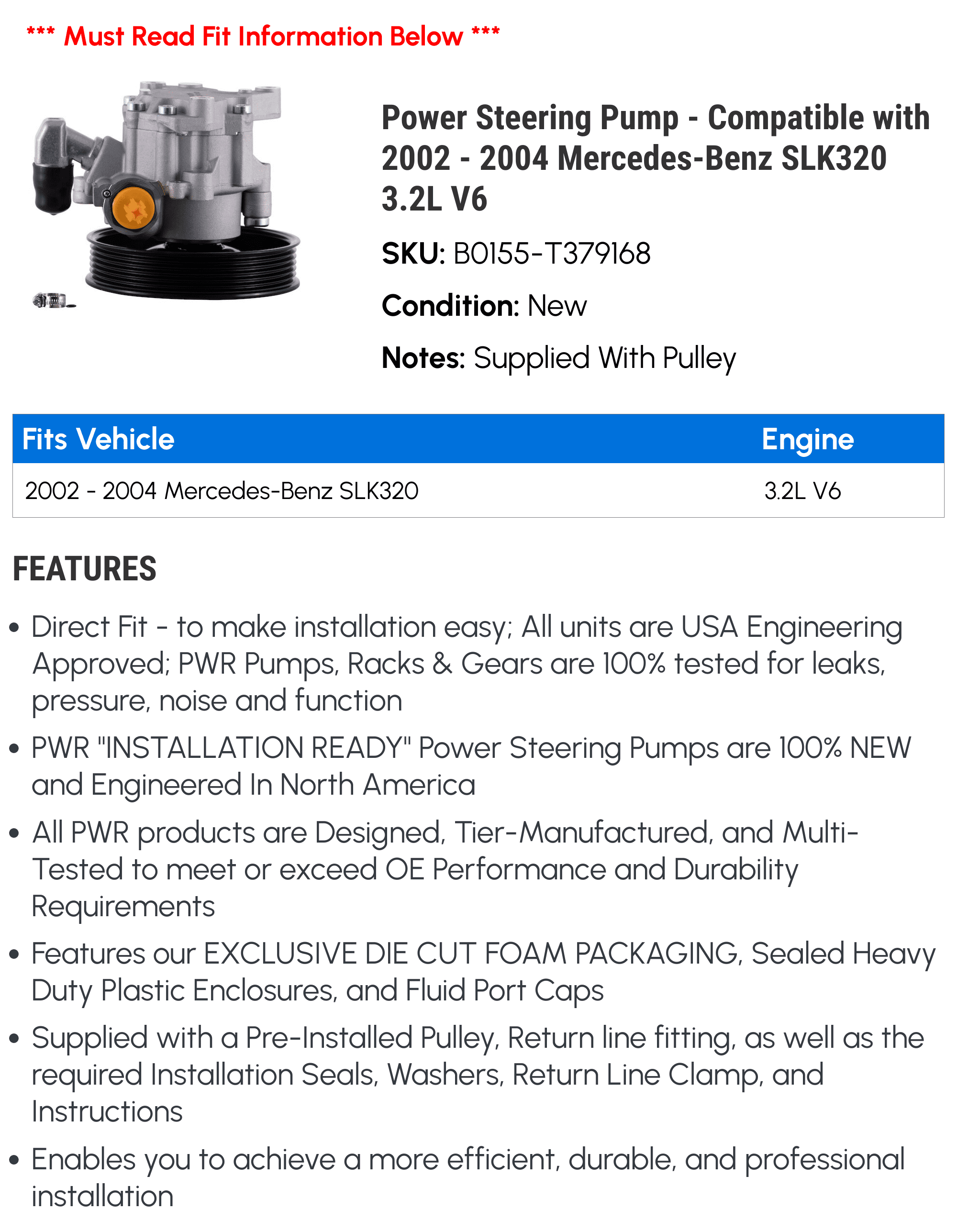 Power Steering Pump - Compatible with 2002 - 2004 Mercedes-Benz SLK320 3.2L V6 2003